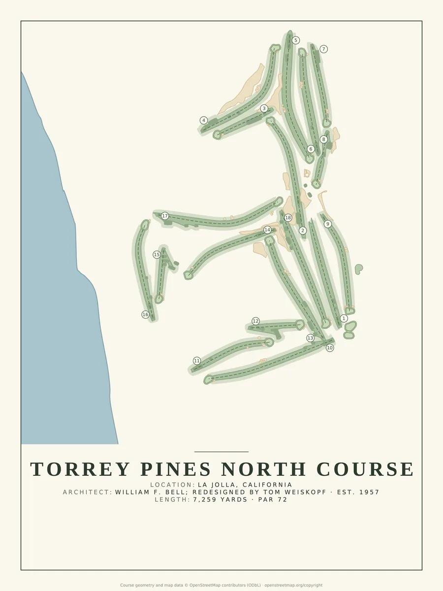 Torrey Pines North Course golf course map poster print
