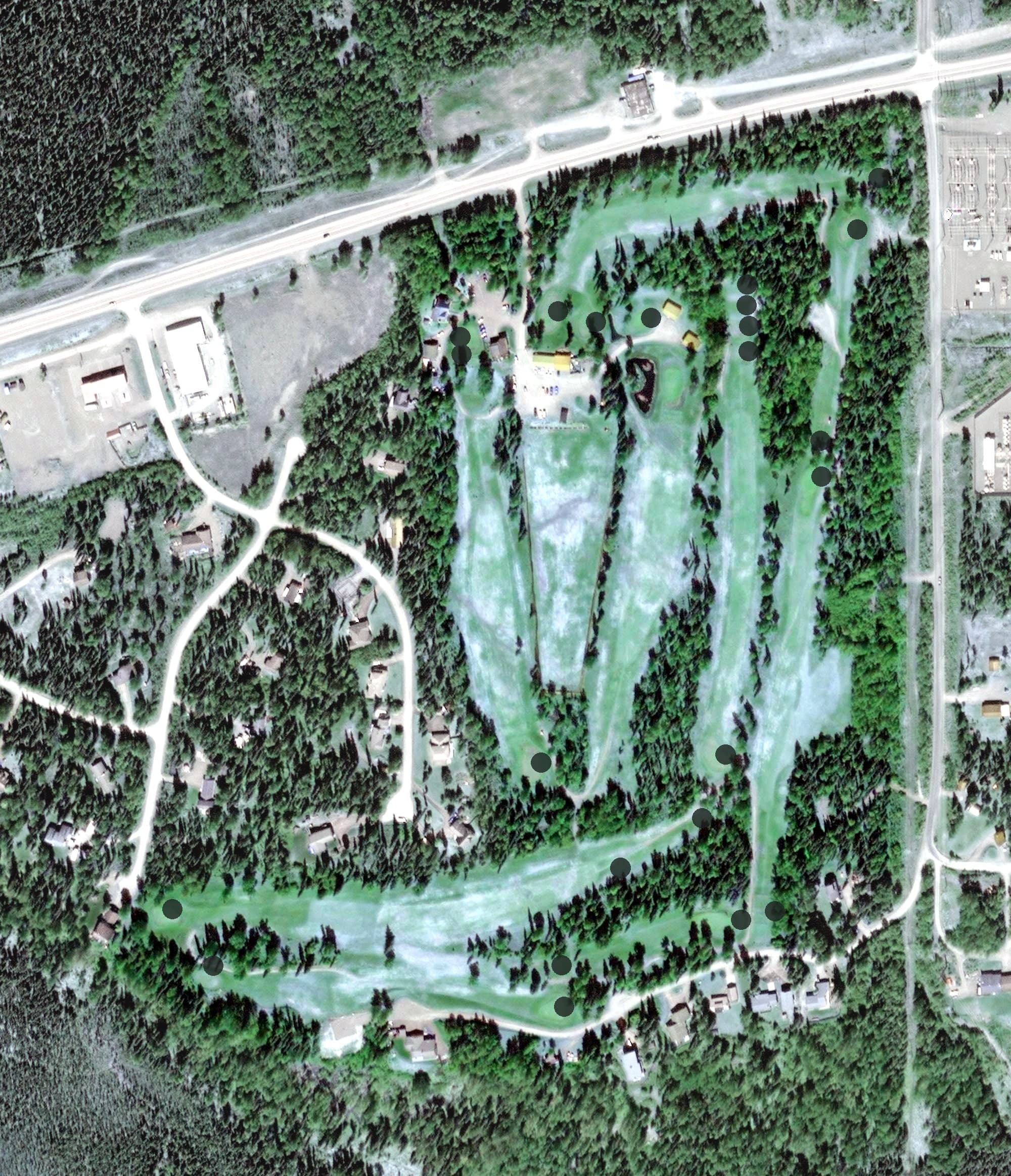Aerial view of Birch Ridge Golf Course, AK, with its hole routing marked