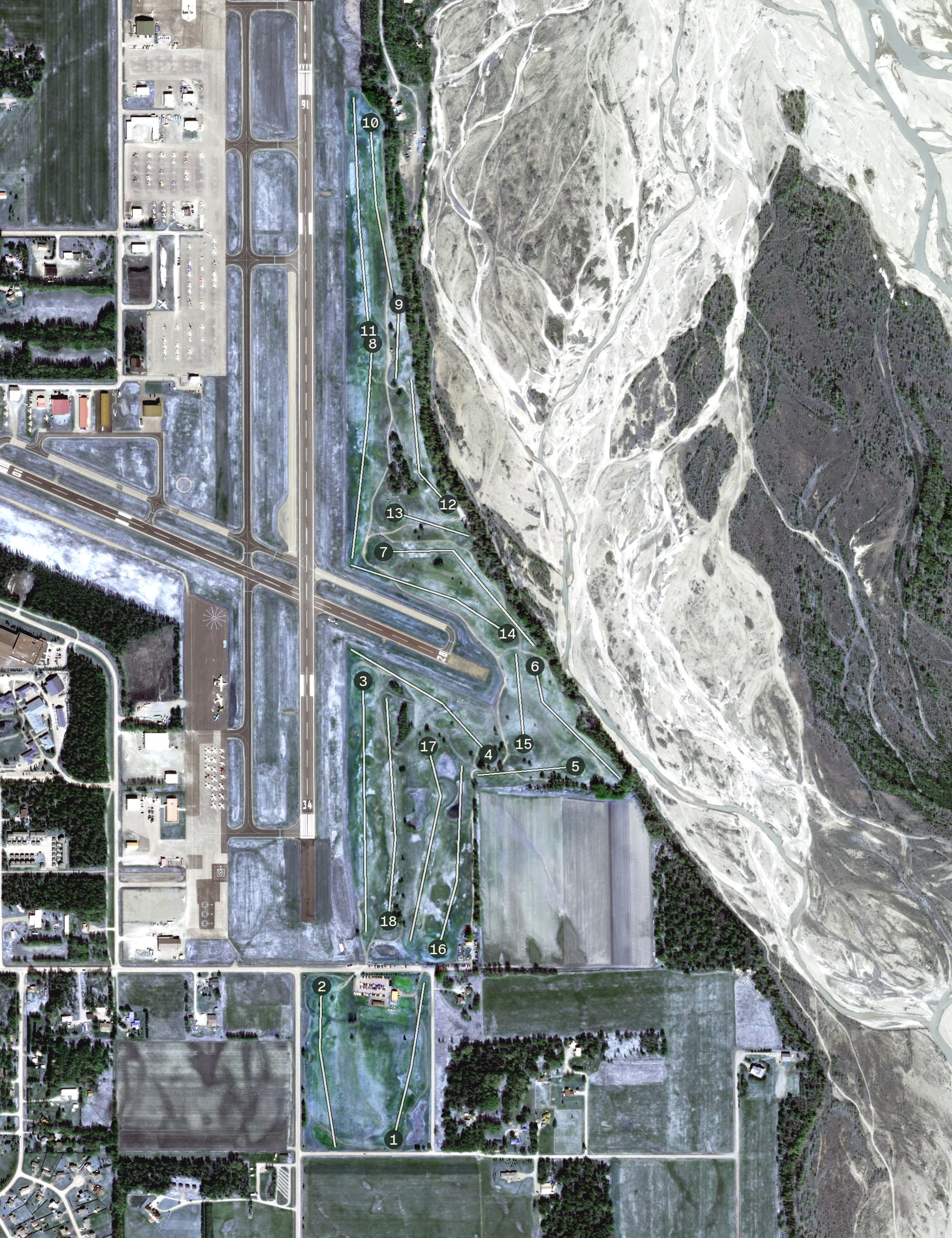 Aerial view of Palmer Municipal Golf Course, AK, with its hole routing marked