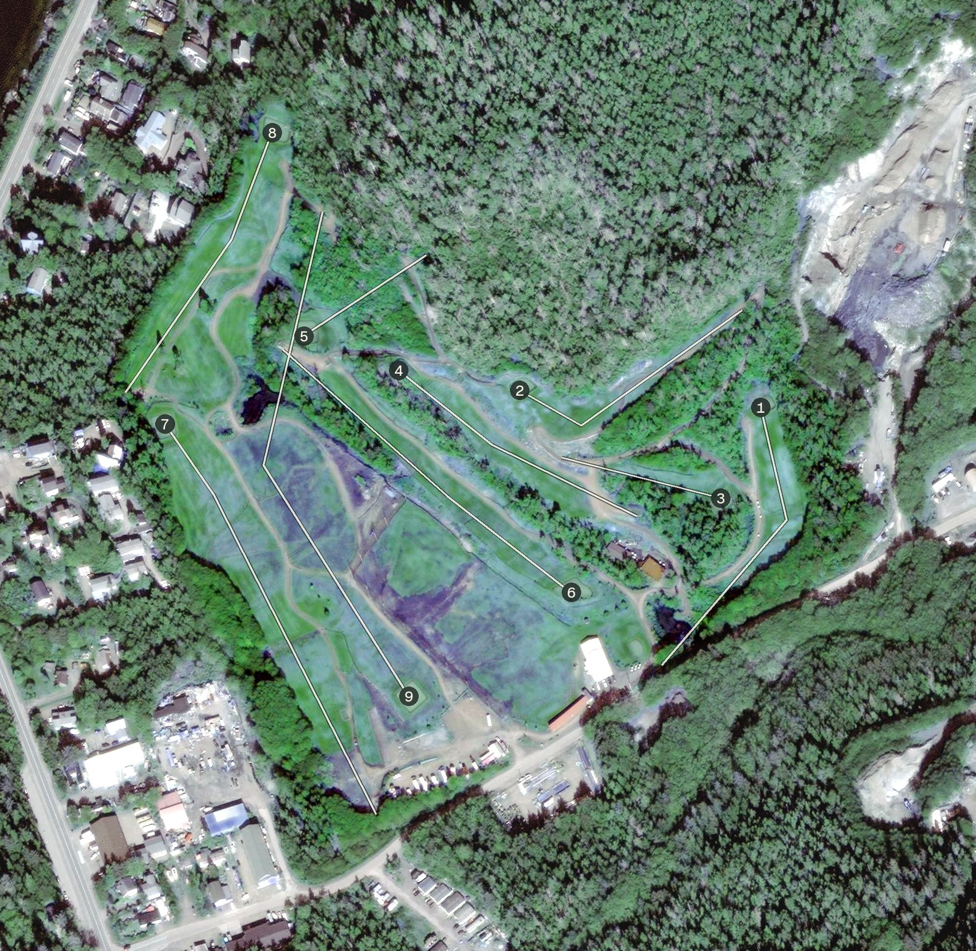 Aerial view of Sea Mountain Golf Course, AK, with its hole routing marked