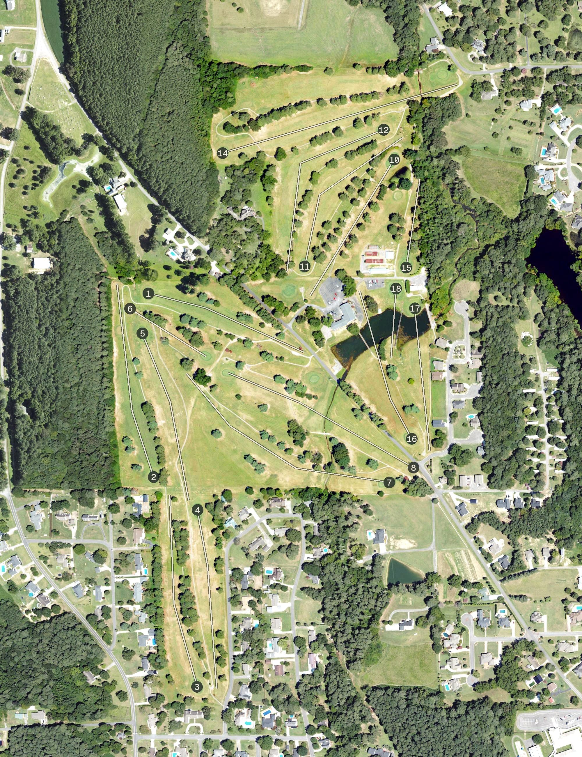Aerial view of Albertville Golf and Country Club, AL, with its hole routing marked