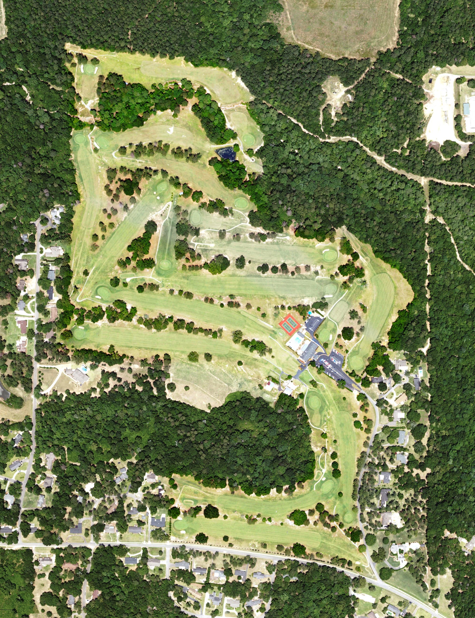 Aerial view of Andalusia Country Club, AL, with its hole routing marked