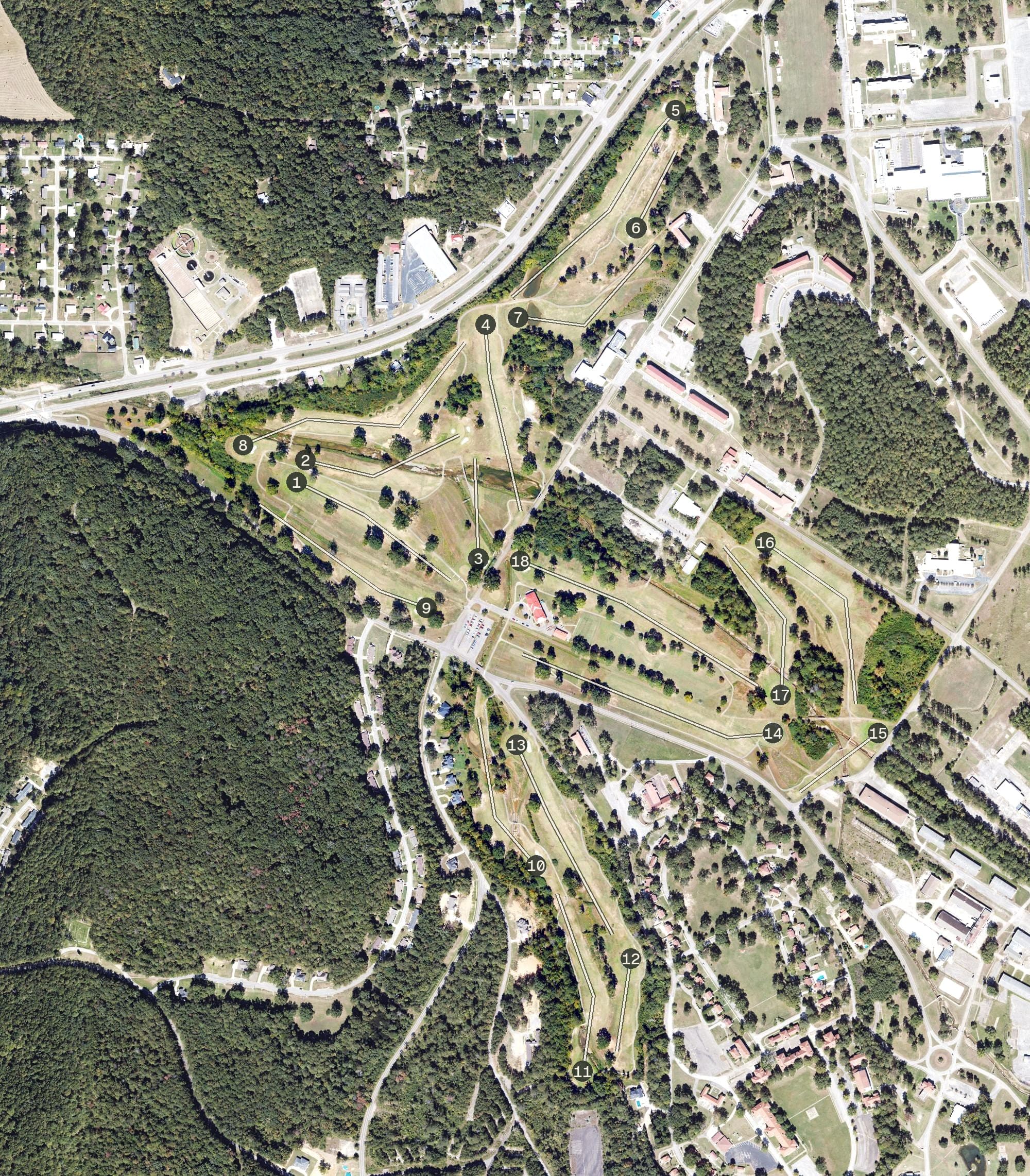 Aerial view of Cane Creek Golf Course, AL, with its hole routing marked