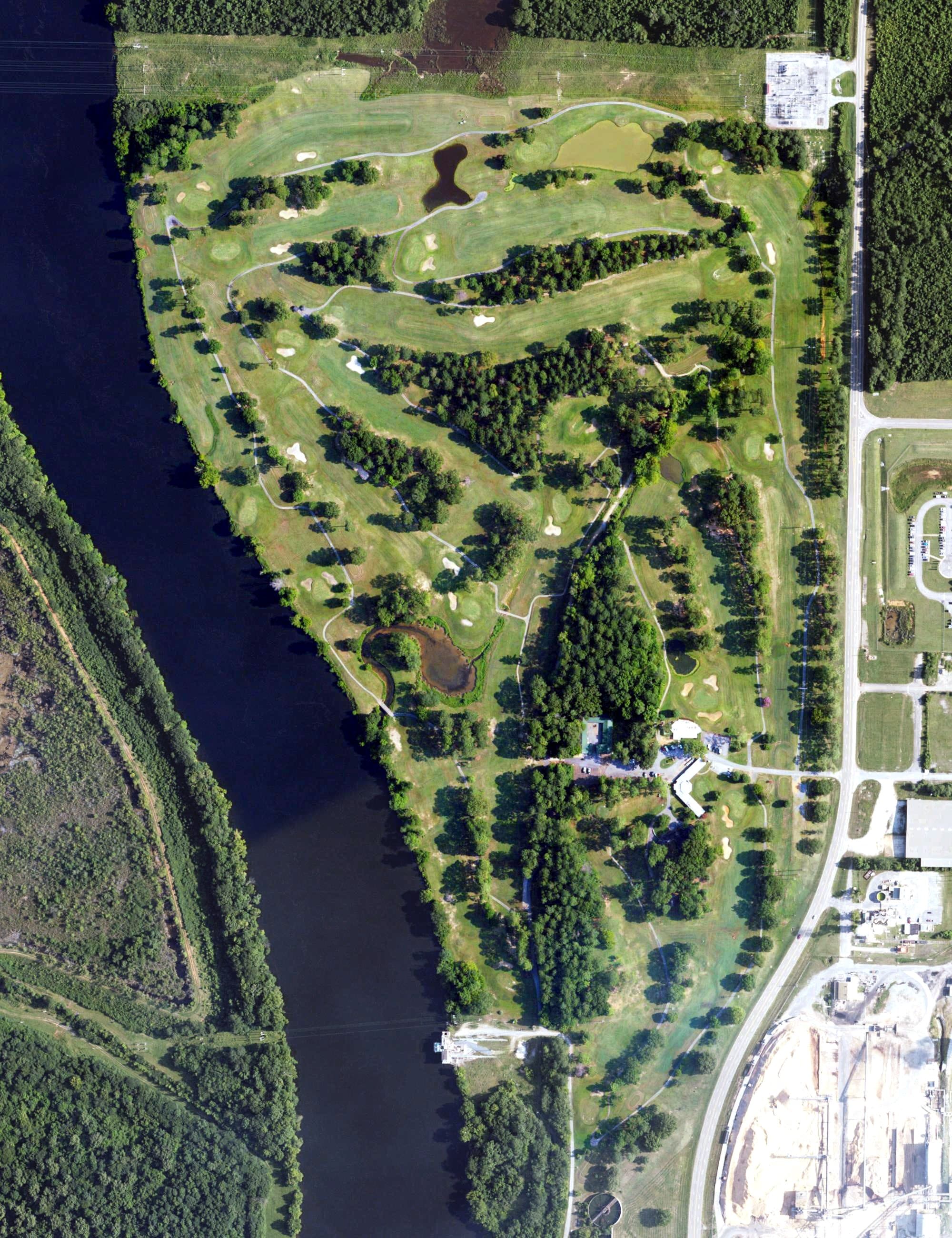 Aerial view of Coosa Pines Golf Club, AL, with its hole routing marked