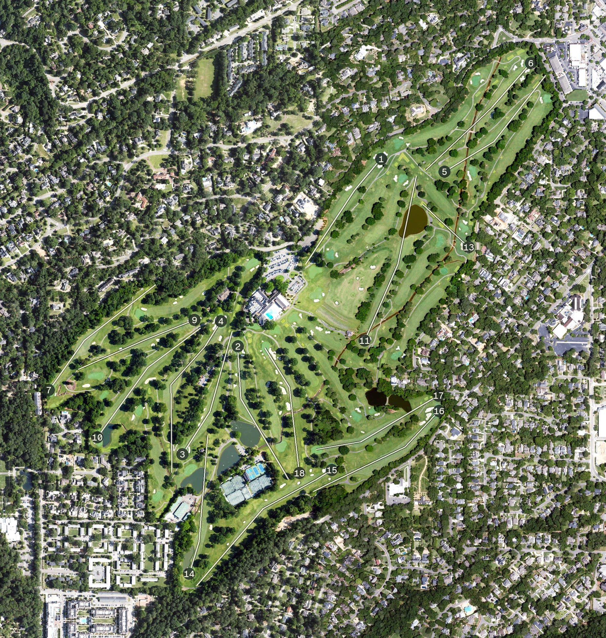 Aerial view of Country Club of Birmingham, AL, with its hole routing marked