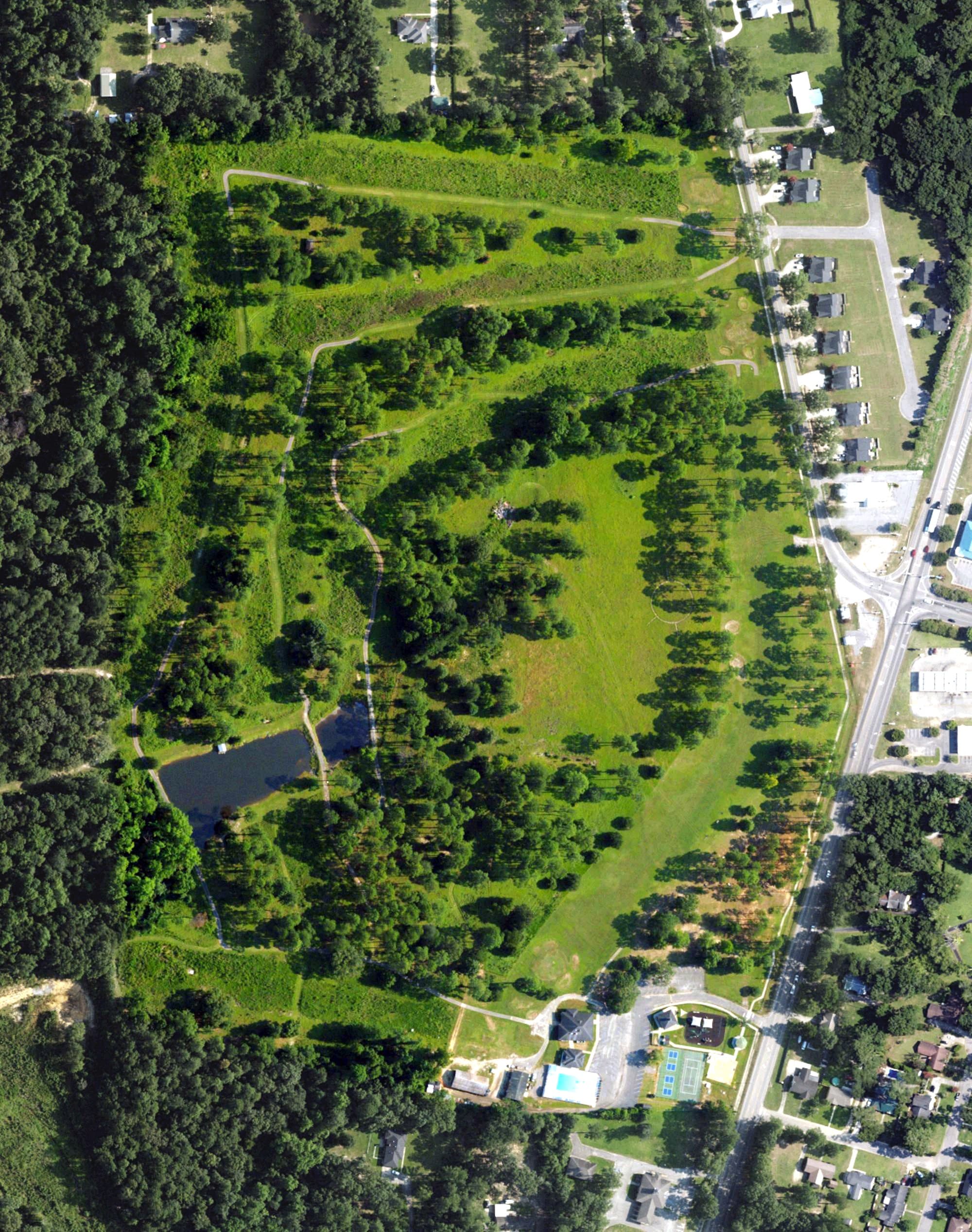 Aerial view of Dogwood Hills Golf Course, AL, with its hole routing marked