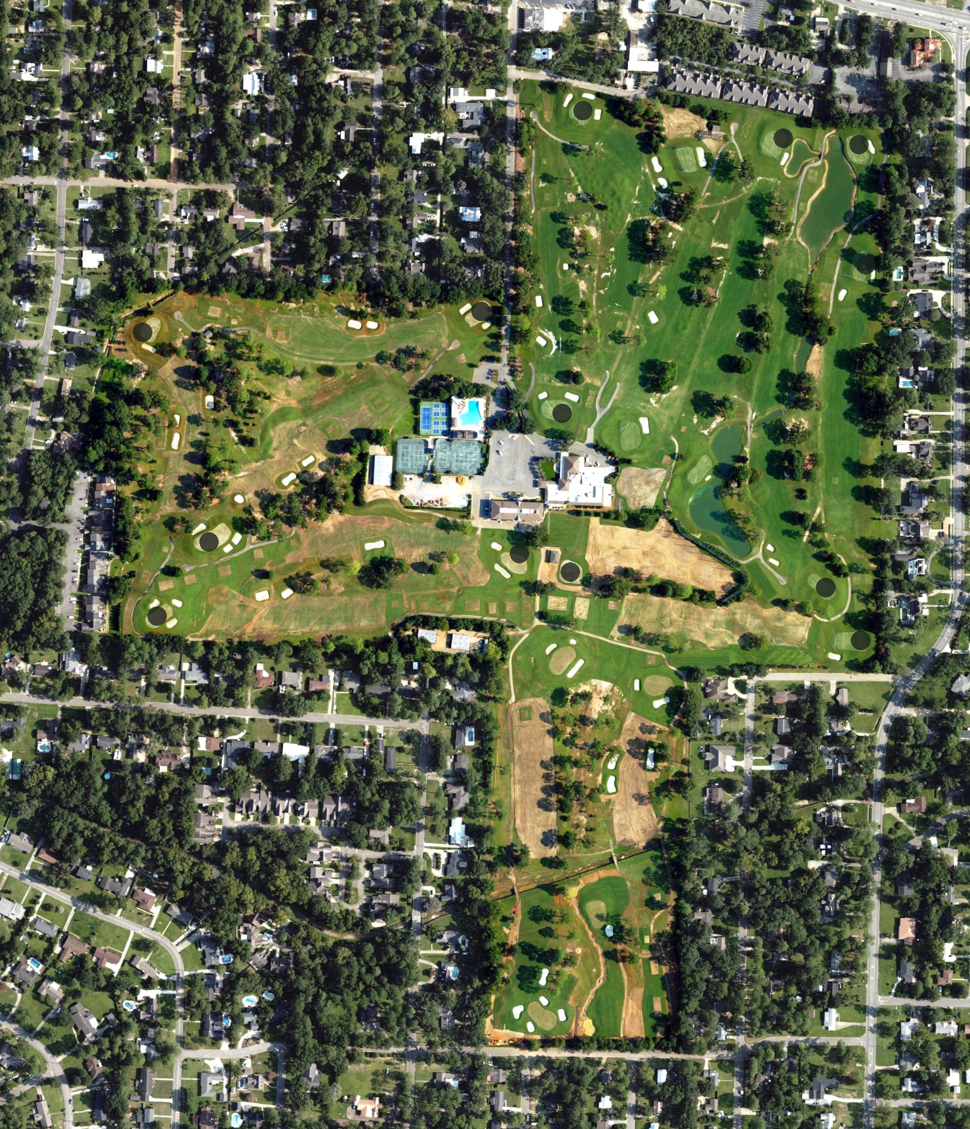 Aerial view of Dothan Country Club, AL, with its hole routing marked