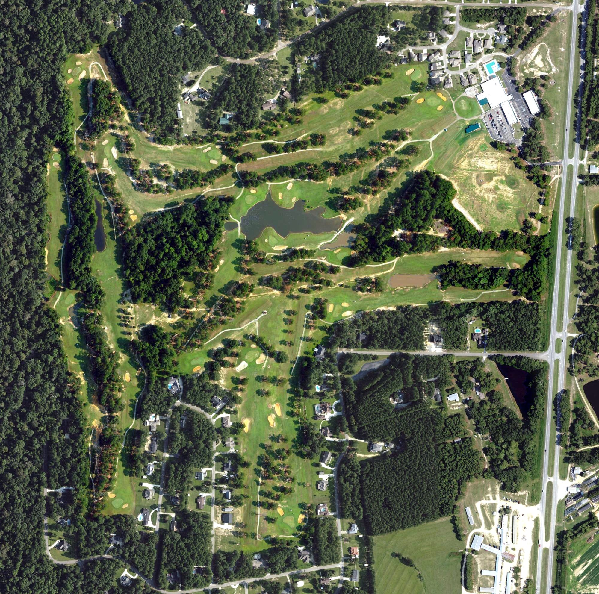 Aerial view of Dothan National Golf Club, AL, with its hole routing marked