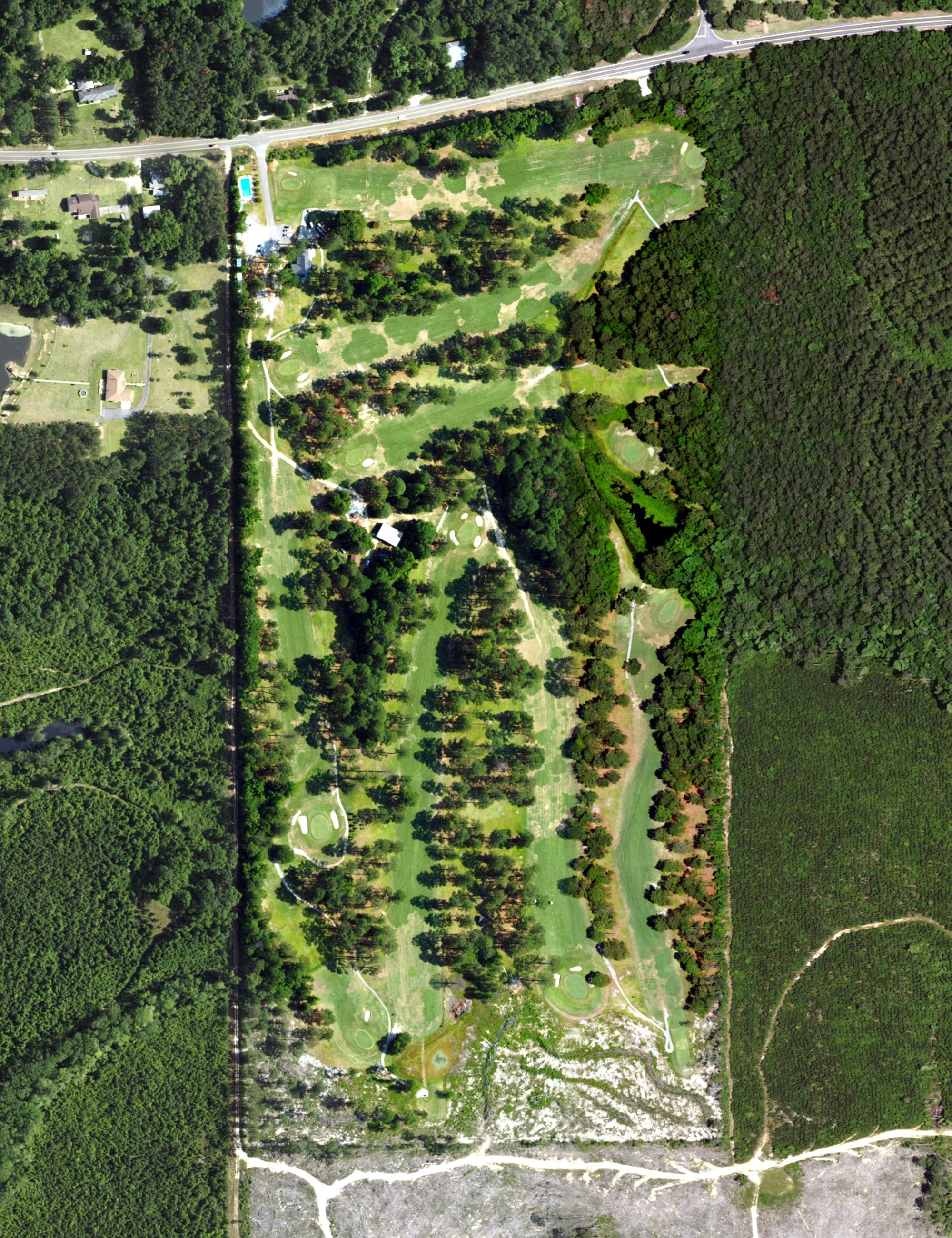 Aerial view of Evergreen Golf Club, AL, with its hole routing marked