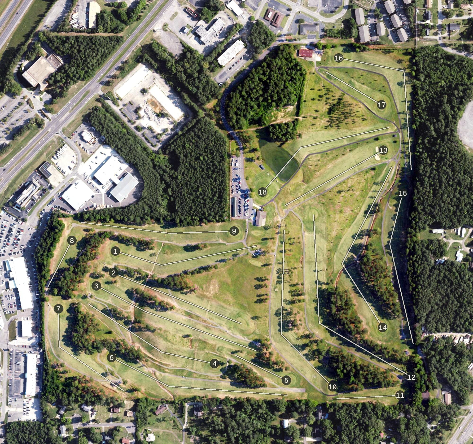 Aerial view of Frank House Municipal Golf Course, AL, with its hole routing marked