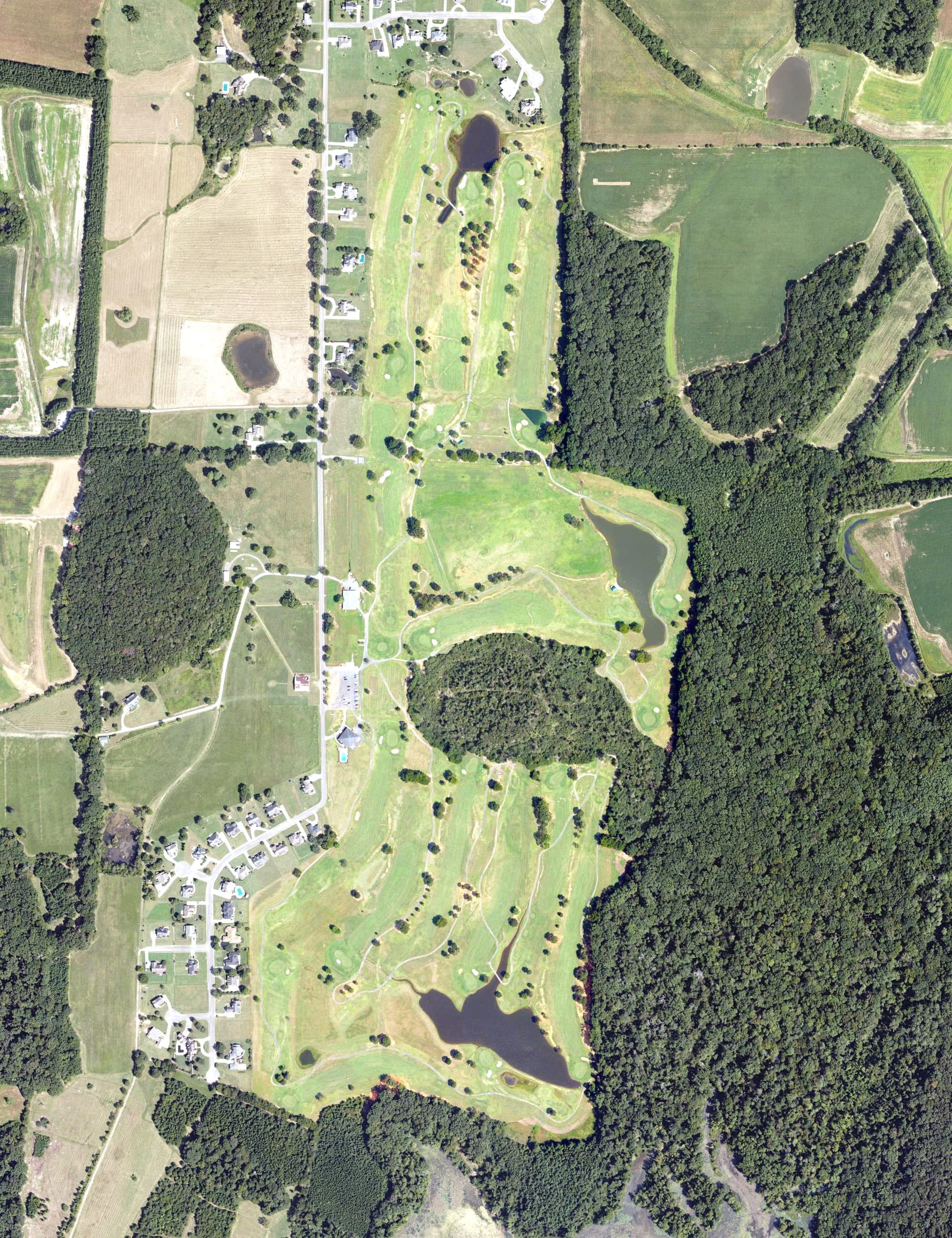 Aerial view of Goosepond Plantation Golf Course, AL, with its hole routing marked