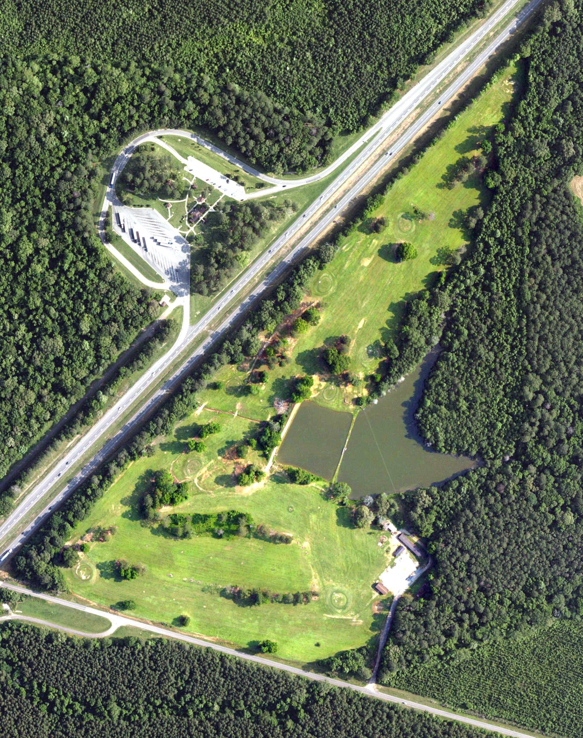 Aerial view of Greene County Golf Course, AL, with its hole routing marked