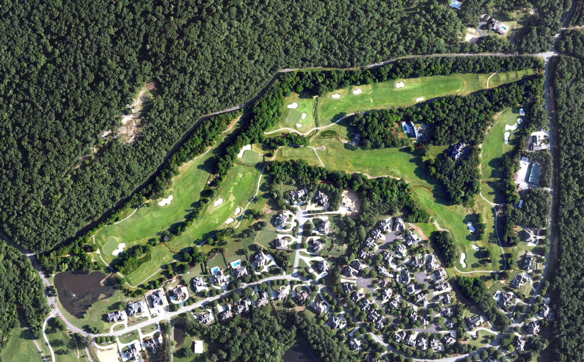 Aerial view of Greystone G&CC Legacy, AL, with its hole routing marked