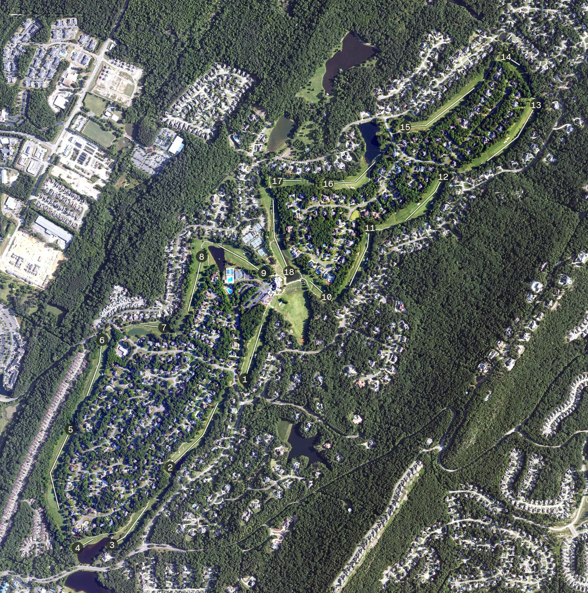 Aerial view of Greystone Golf & Country Club, AL, with its hole routing marked