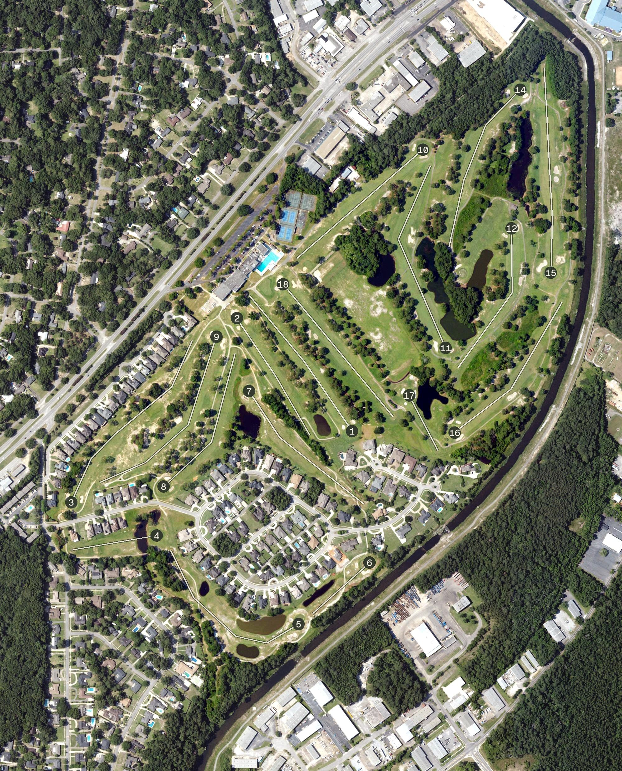 Aerial view of Heron Lakes Country Club, AL, with its hole routing marked