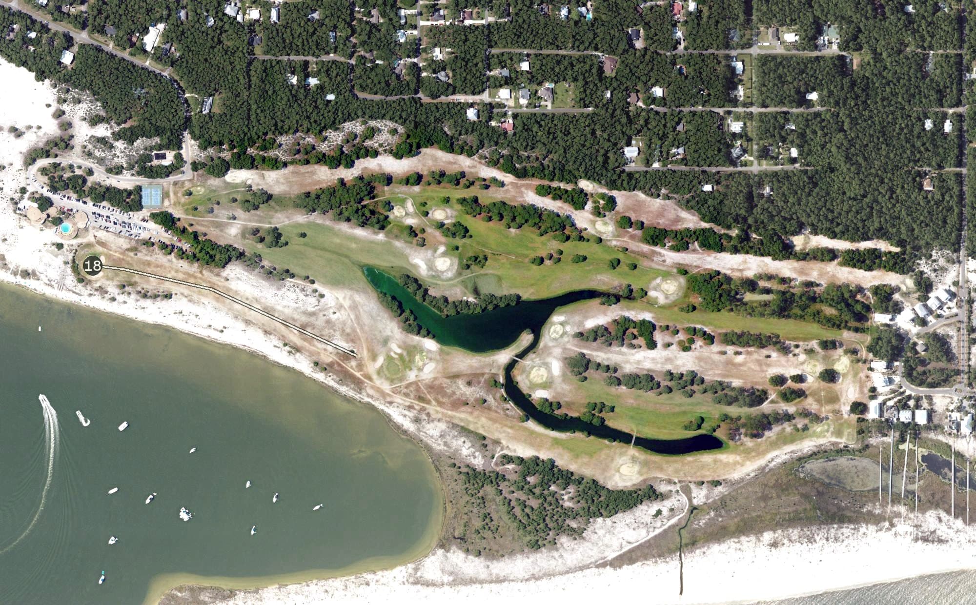 Aerial view of Isle Dauphine Golf Club, AL, with its hole routing marked
