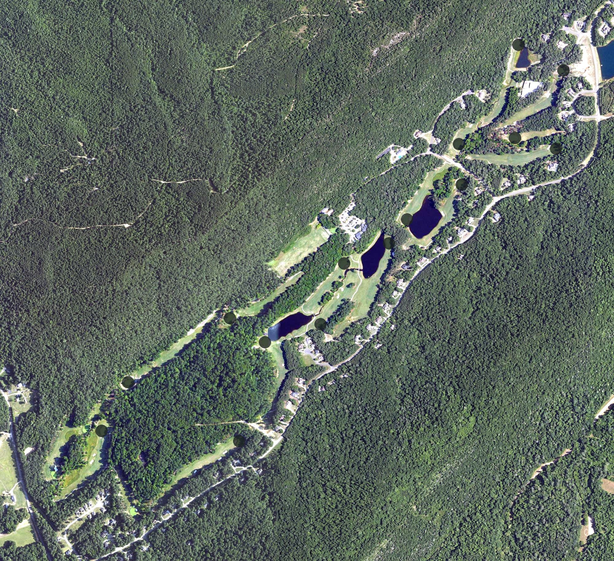 Aerial view of Limestone Springs Golf Club, AL, with its hole routing marked