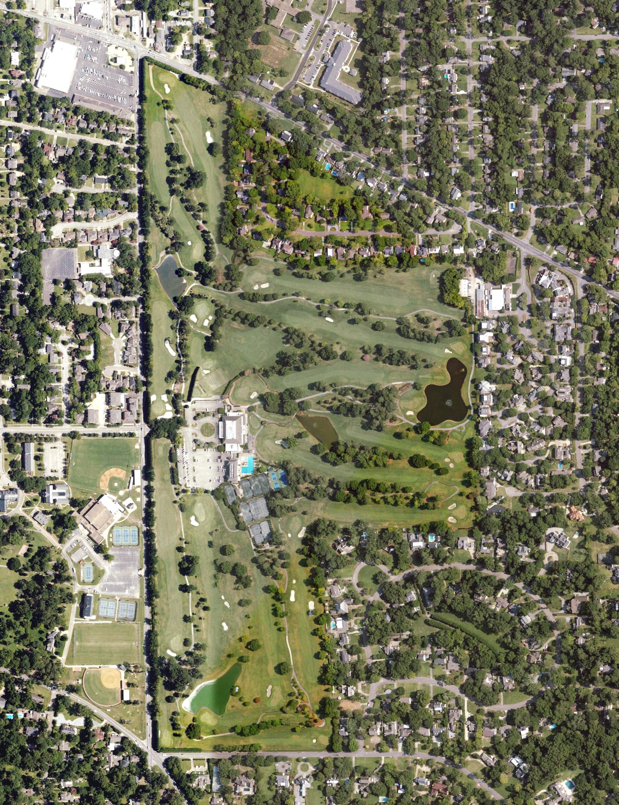 Aerial view of Montgomery Country Club, AL, with its hole routing marked