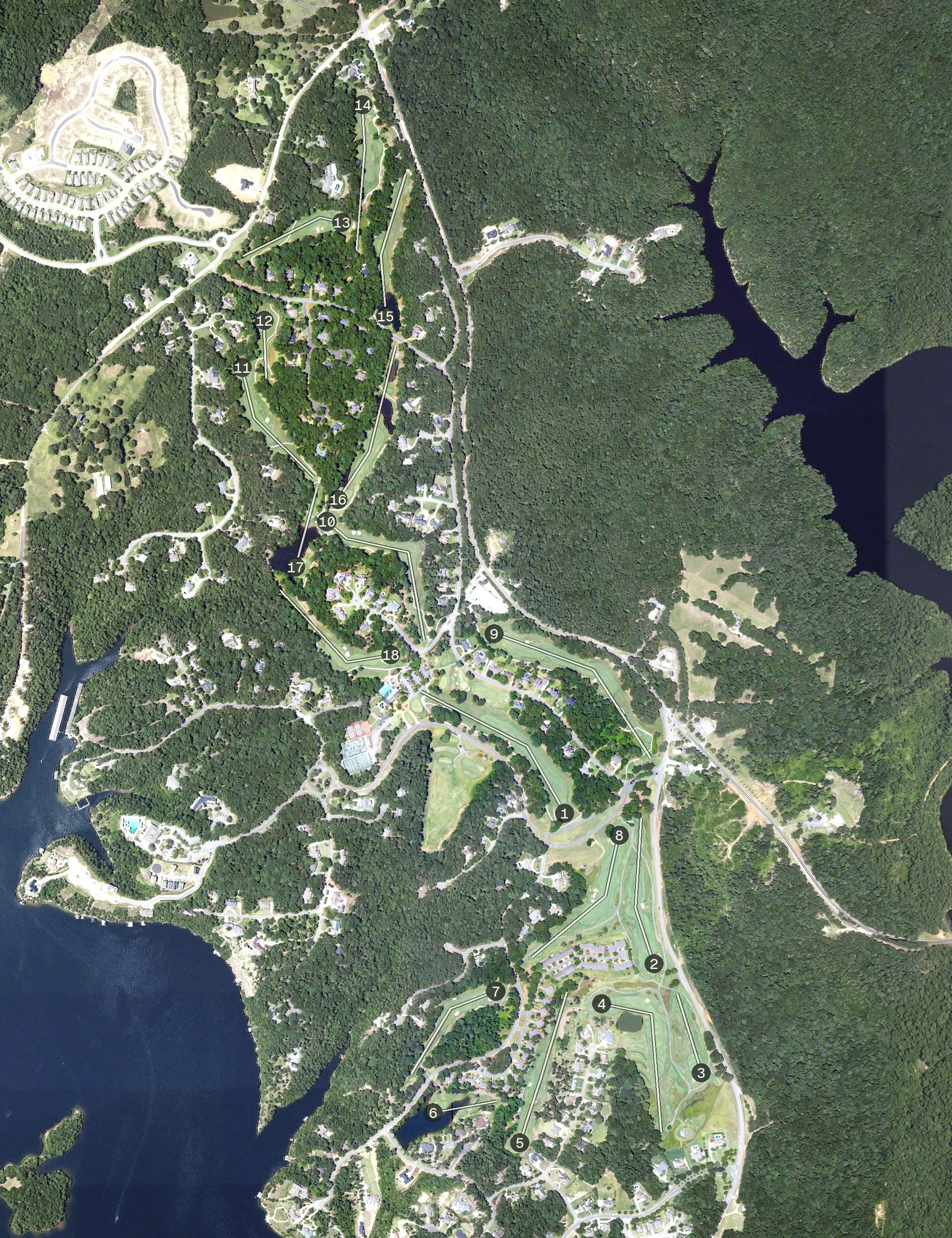 Aerial view of NorthRiver Yacht Club, AL, with its hole routing marked