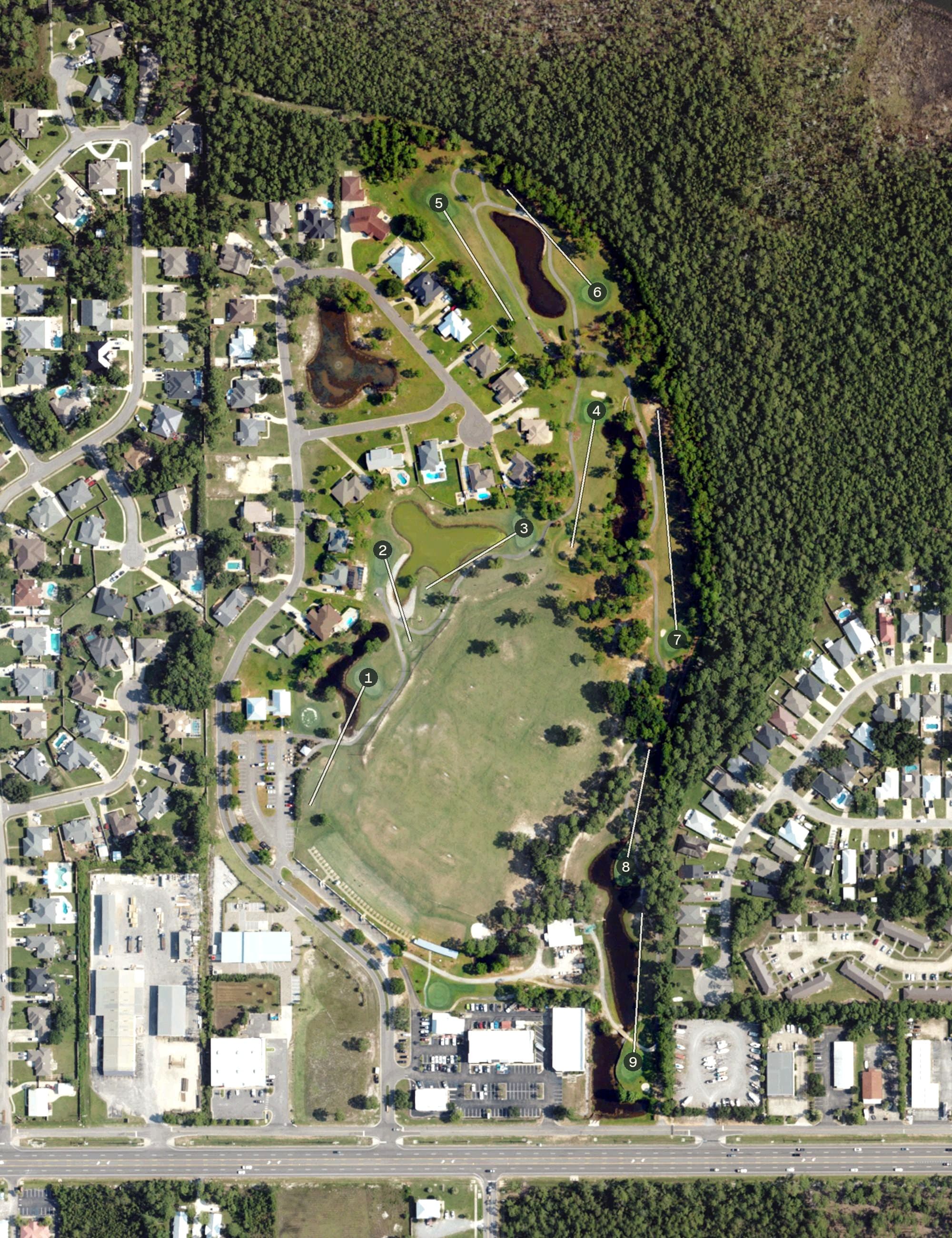 Aerial view of Orange Beach Golf Center, AL, with its hole routing marked