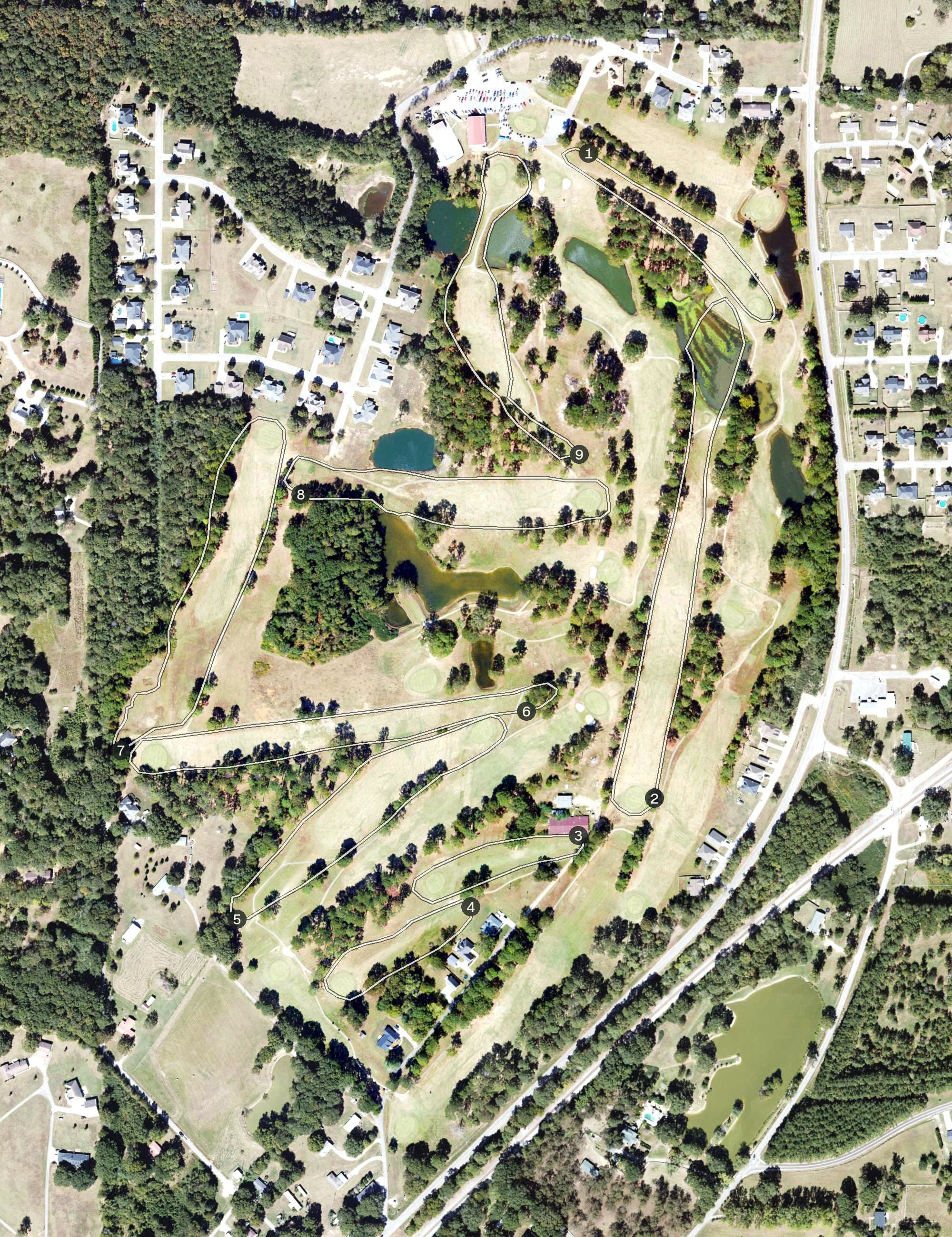 Aerial view of Pine Hill Country Club, AL, with its hole routing marked