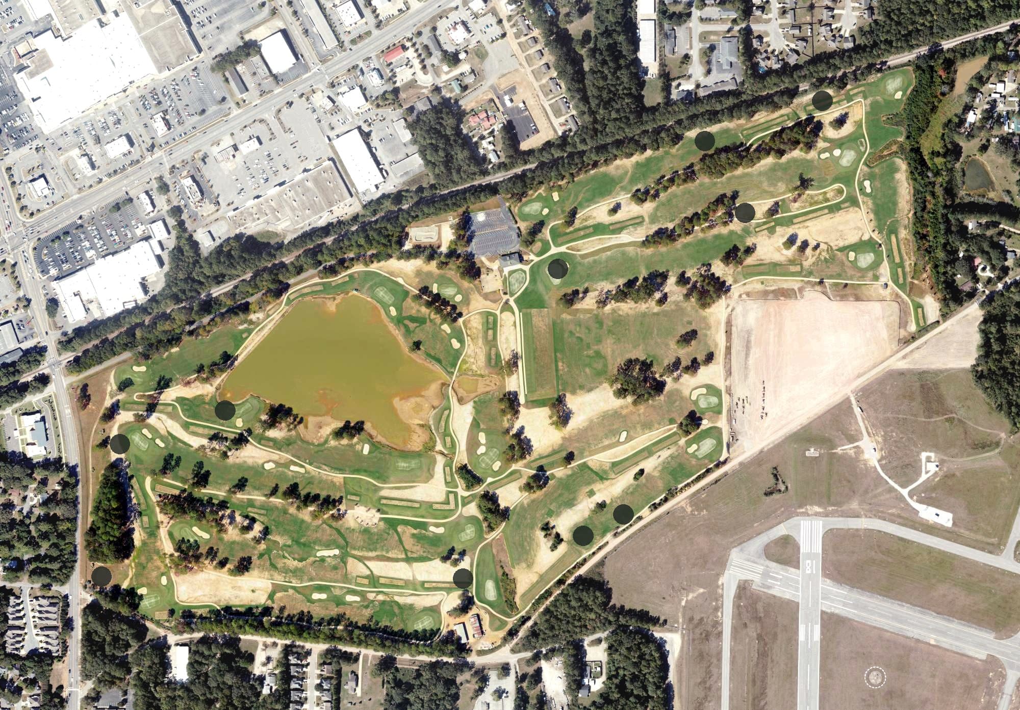Aerial view of Pines Crossing Golf Course, AL, with its hole routing marked
