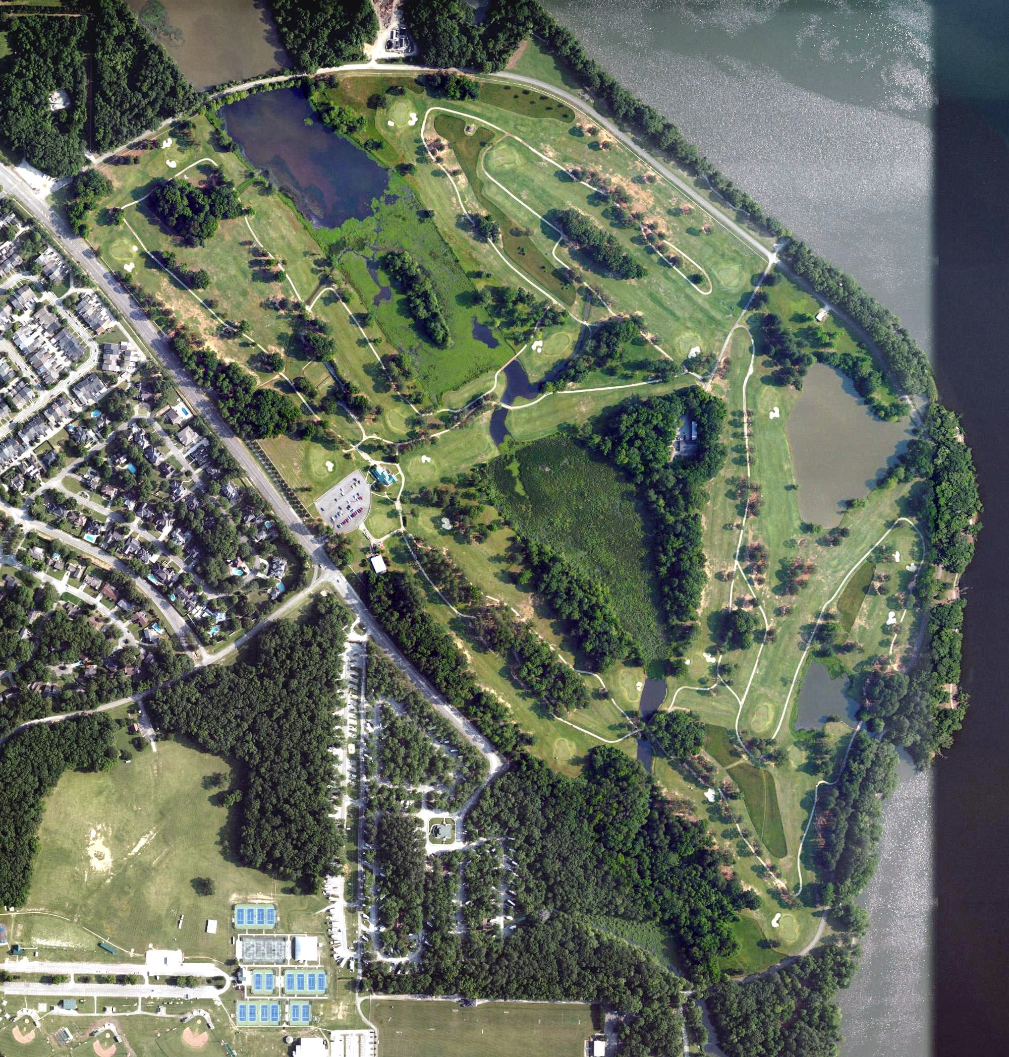 Aerial view of Point Mallard Golf Course, AL, with its hole routing marked