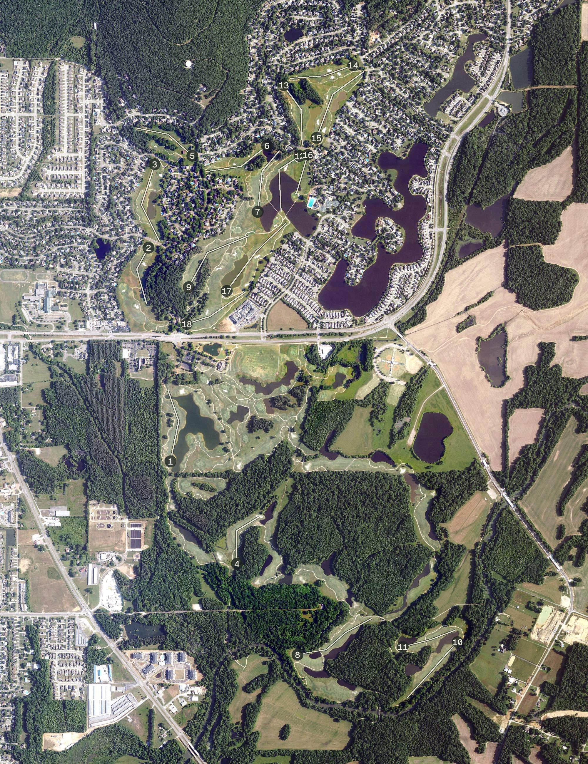 Aerial view of Robert Trent Jones - Hampton Cove, AL, with its hole routing marked