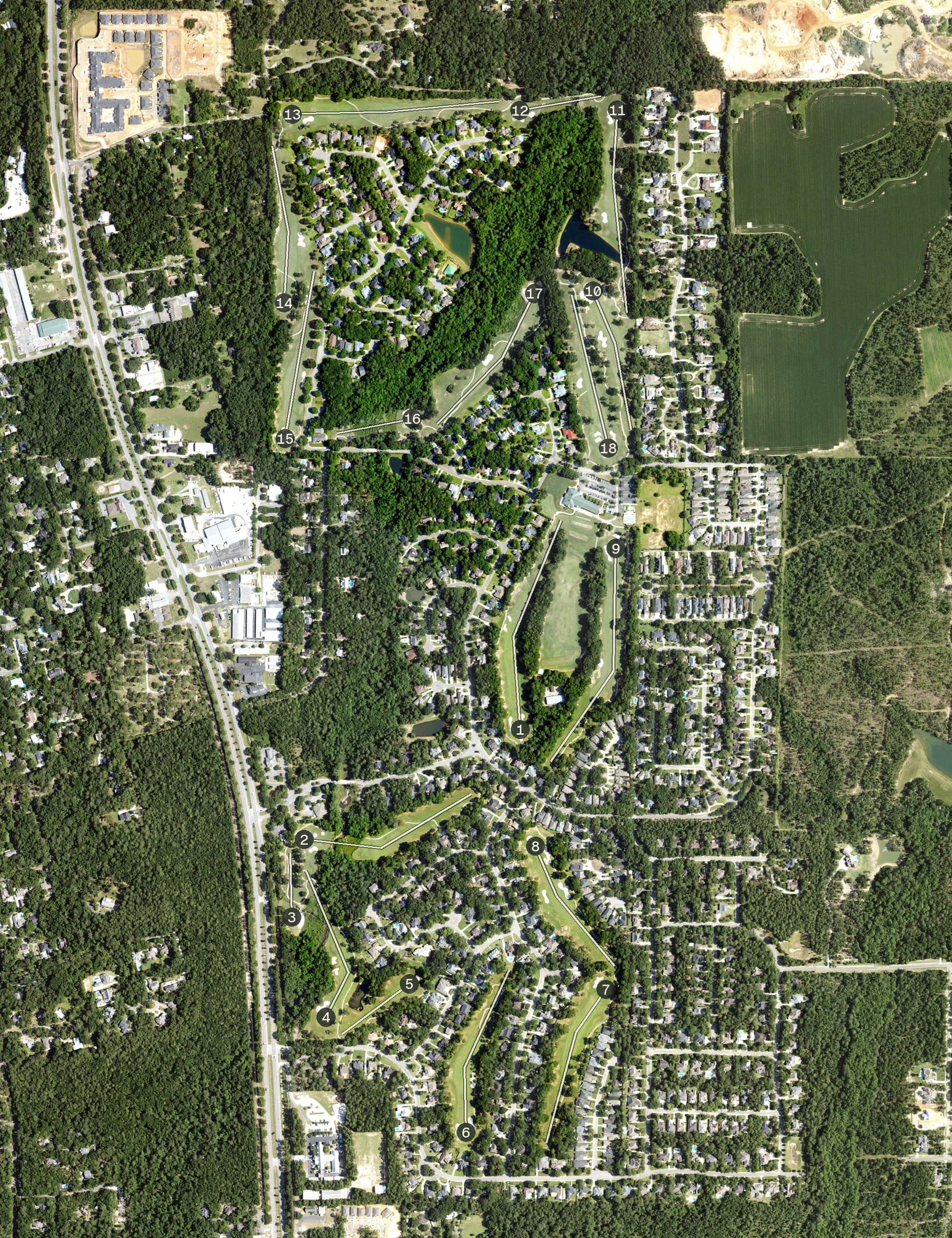 Aerial view of Rock Creek Golf Club, AL, with its hole routing marked