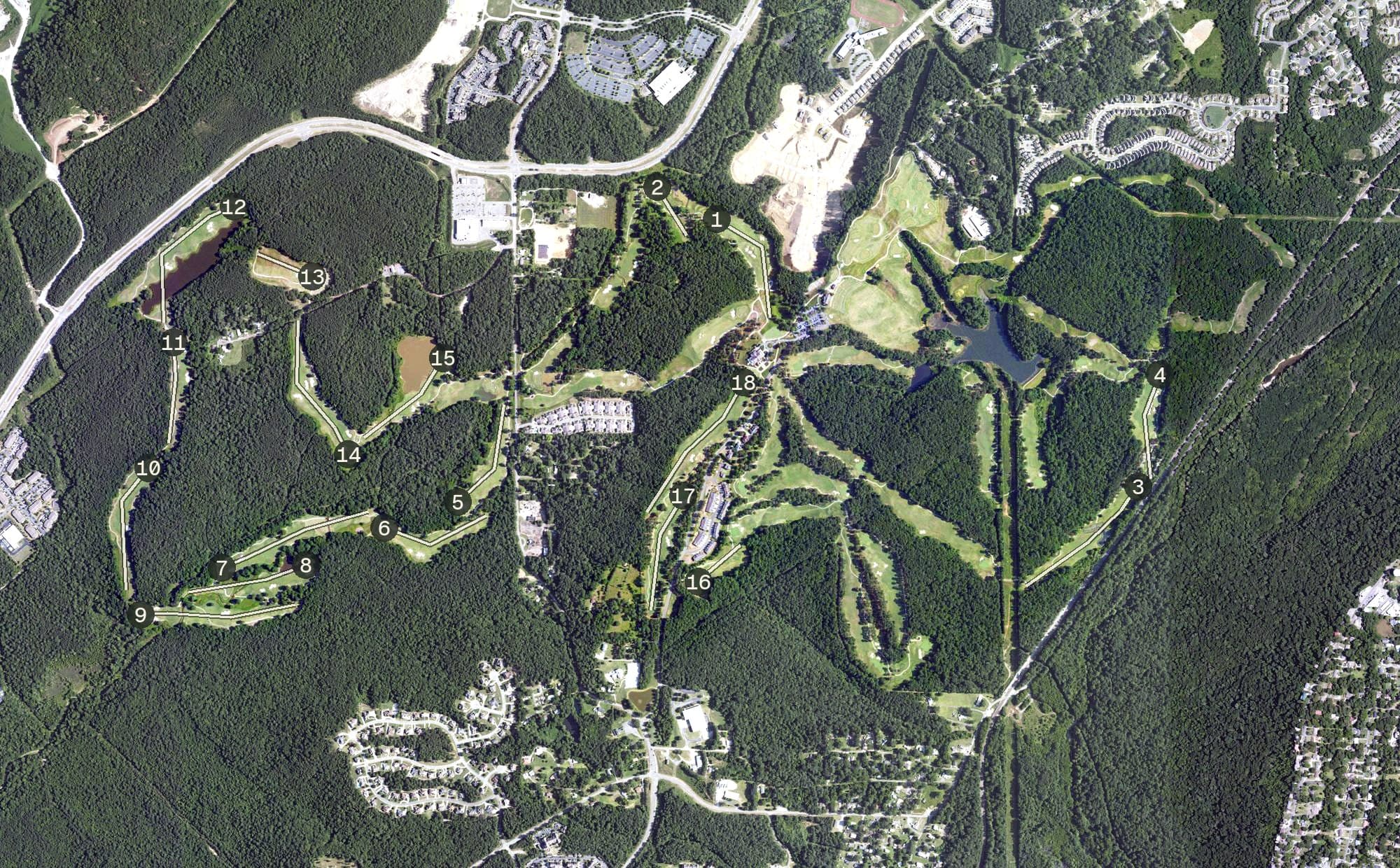 Aerial view of RTJ Oxmoor Valley Golf, AL, with its hole routing marked