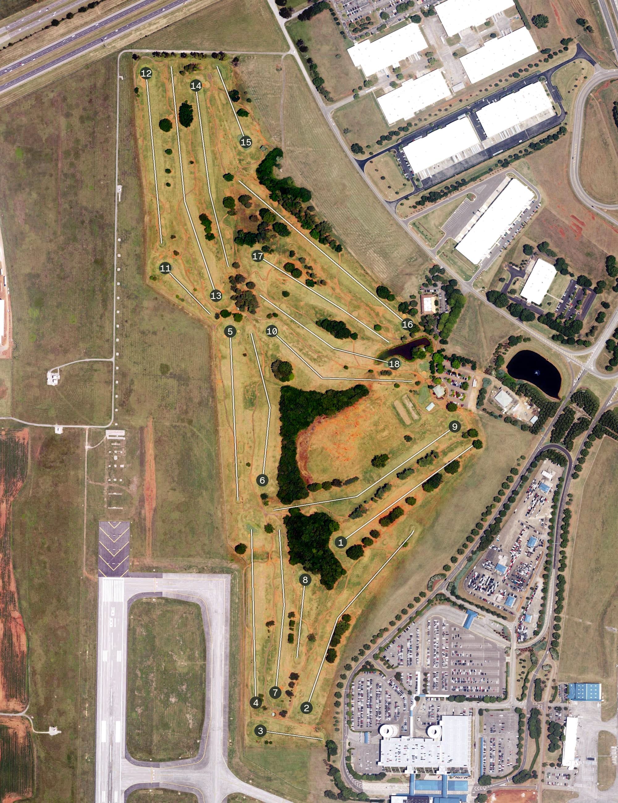 Aerial view of Sunset Landing Golf Course, AL, with its hole routing marked