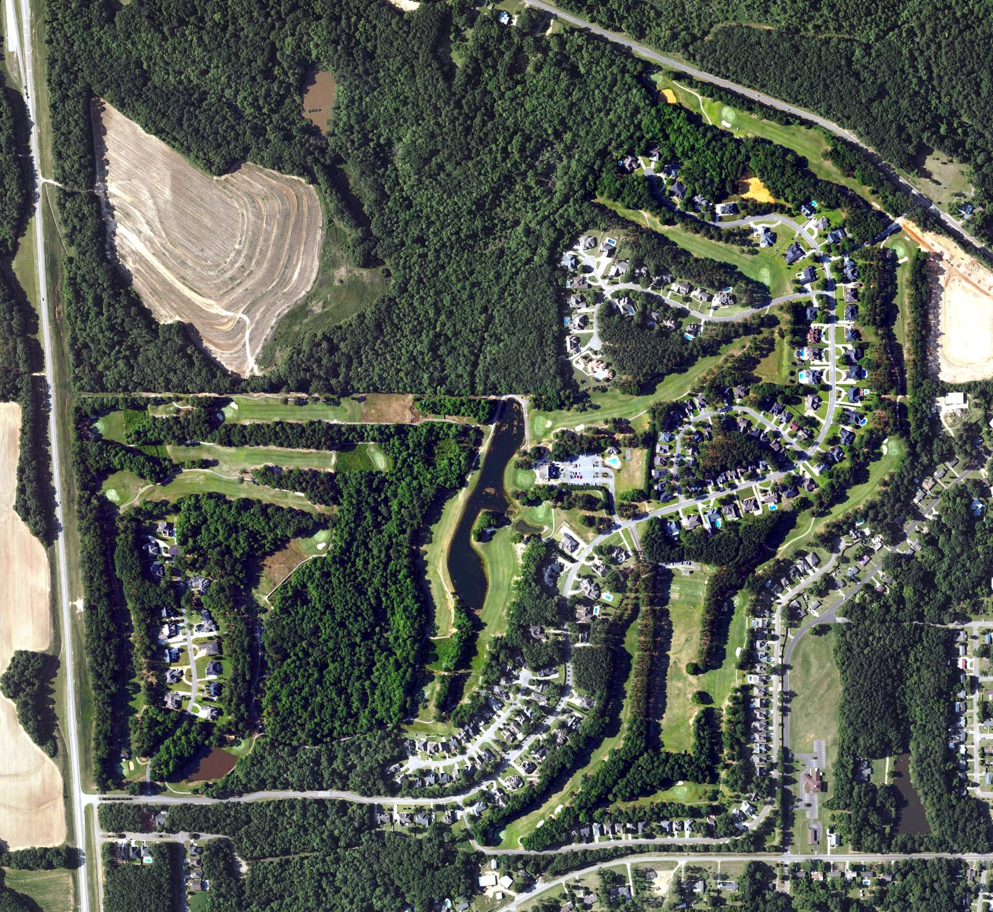 Aerial view of Tartan Pines Golf Club, AL, with its hole routing marked