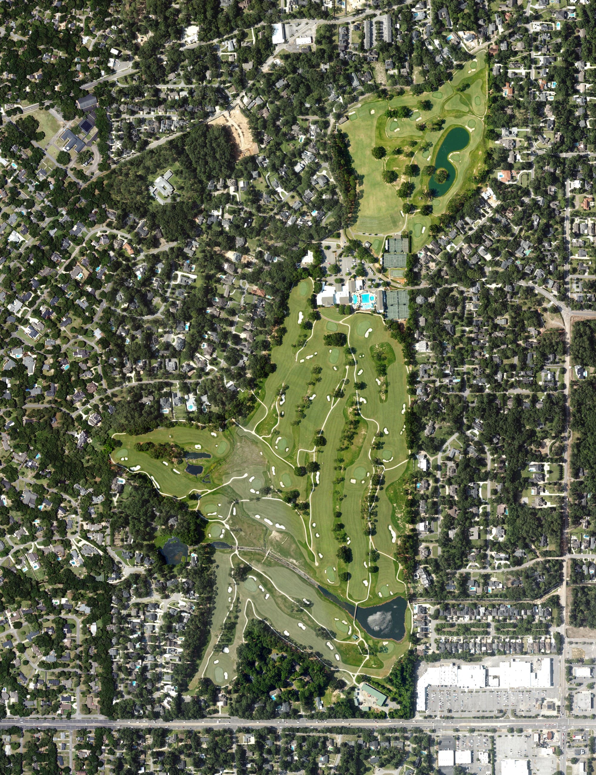 Aerial view of The Country Club of Mobile, AL, with its hole routing marked