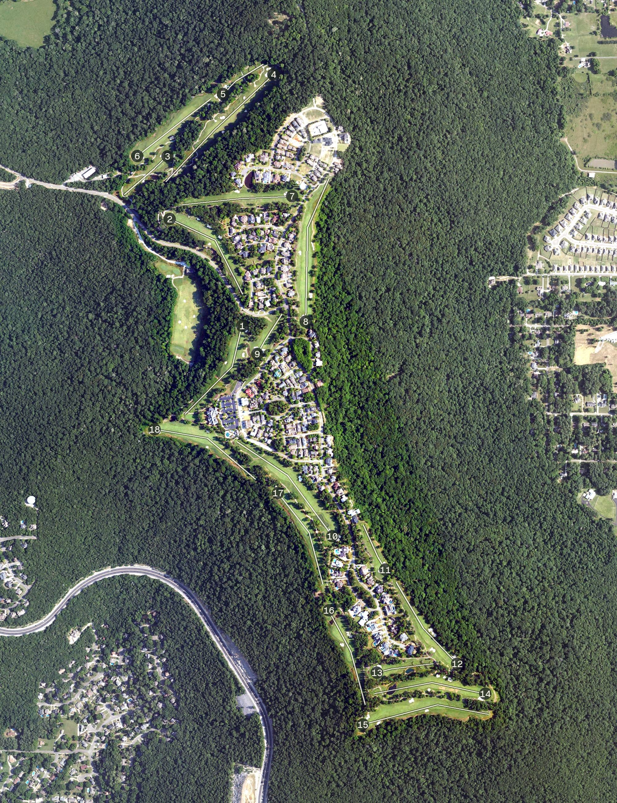 Aerial view of The Ledges, AL, with its hole routing marked