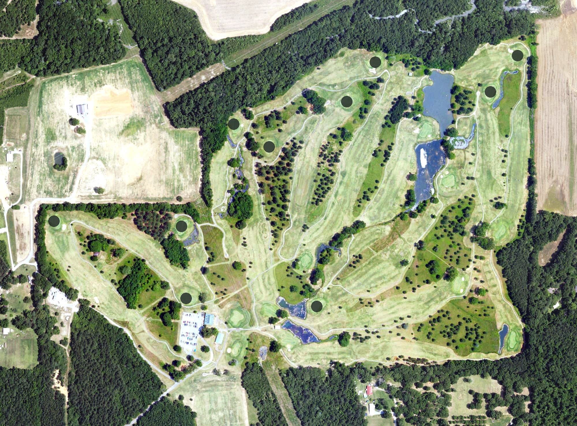 Aerial view of The Meadows Golf Course, AL, with its hole routing marked