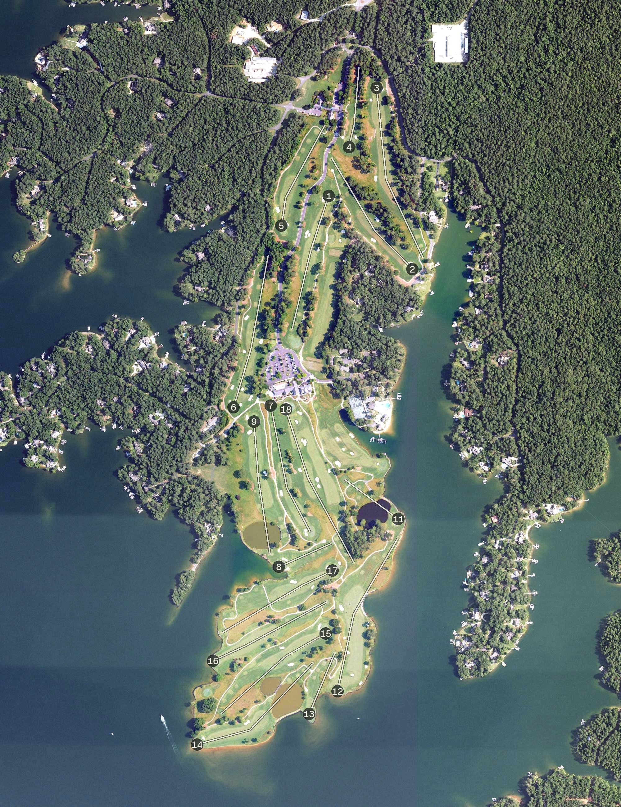 Aerial view of Willow Point Golf & Country Club, AL, with its hole routing marked