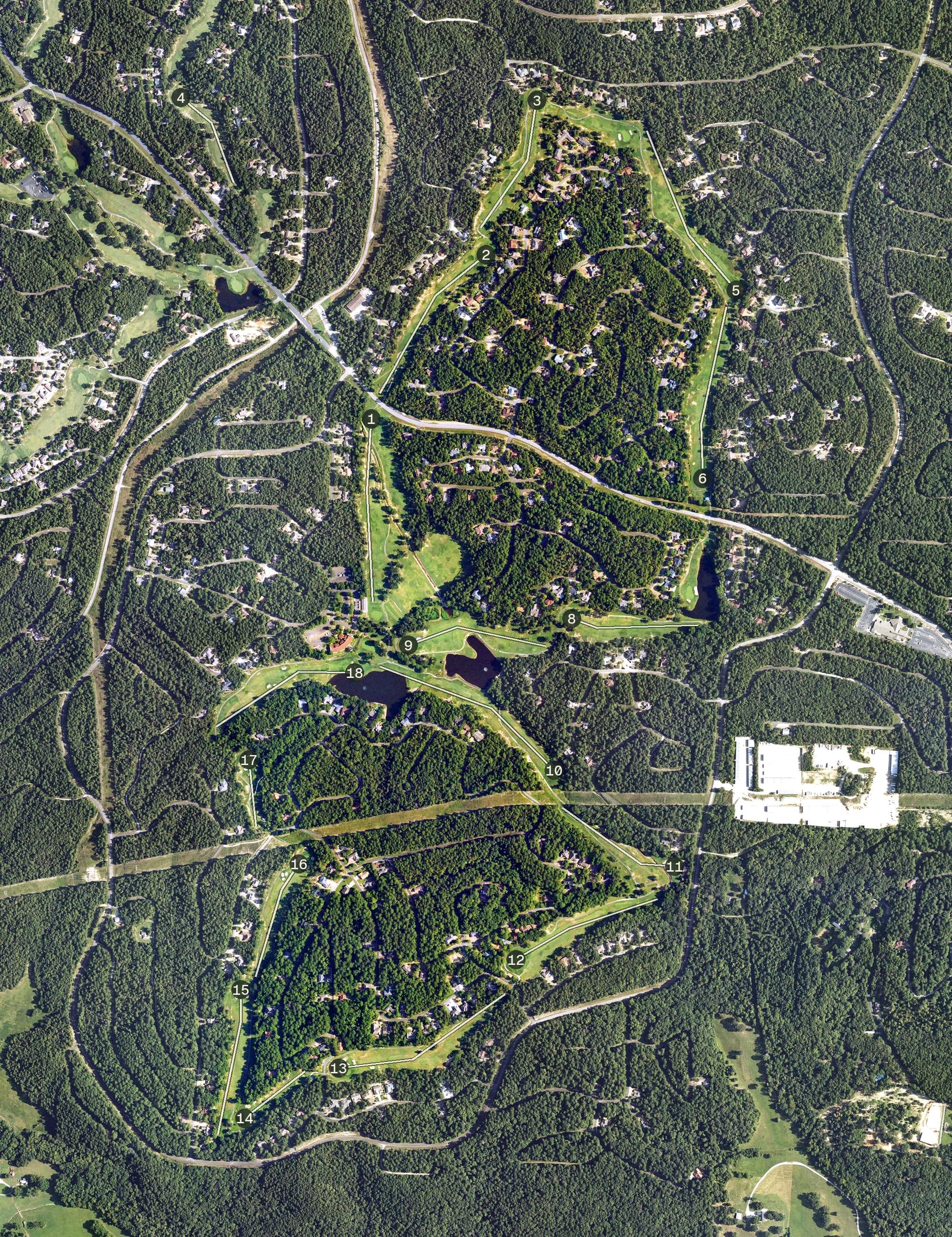 Aerial view of Balboa Golf Course, AR, with its hole routing marked