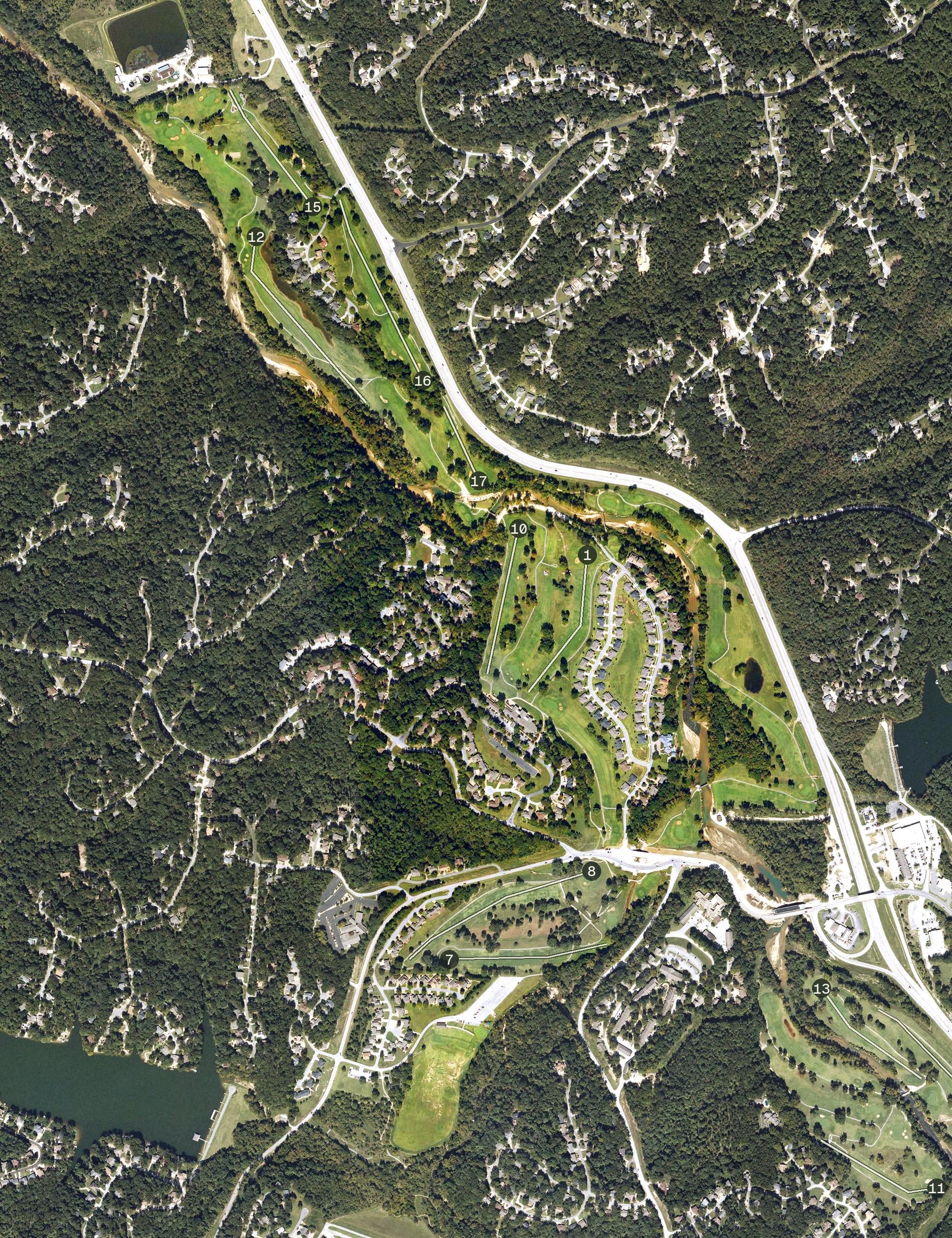 Aerial view of Bella Vista Country Club Golf Course, AR, with its hole routing marked