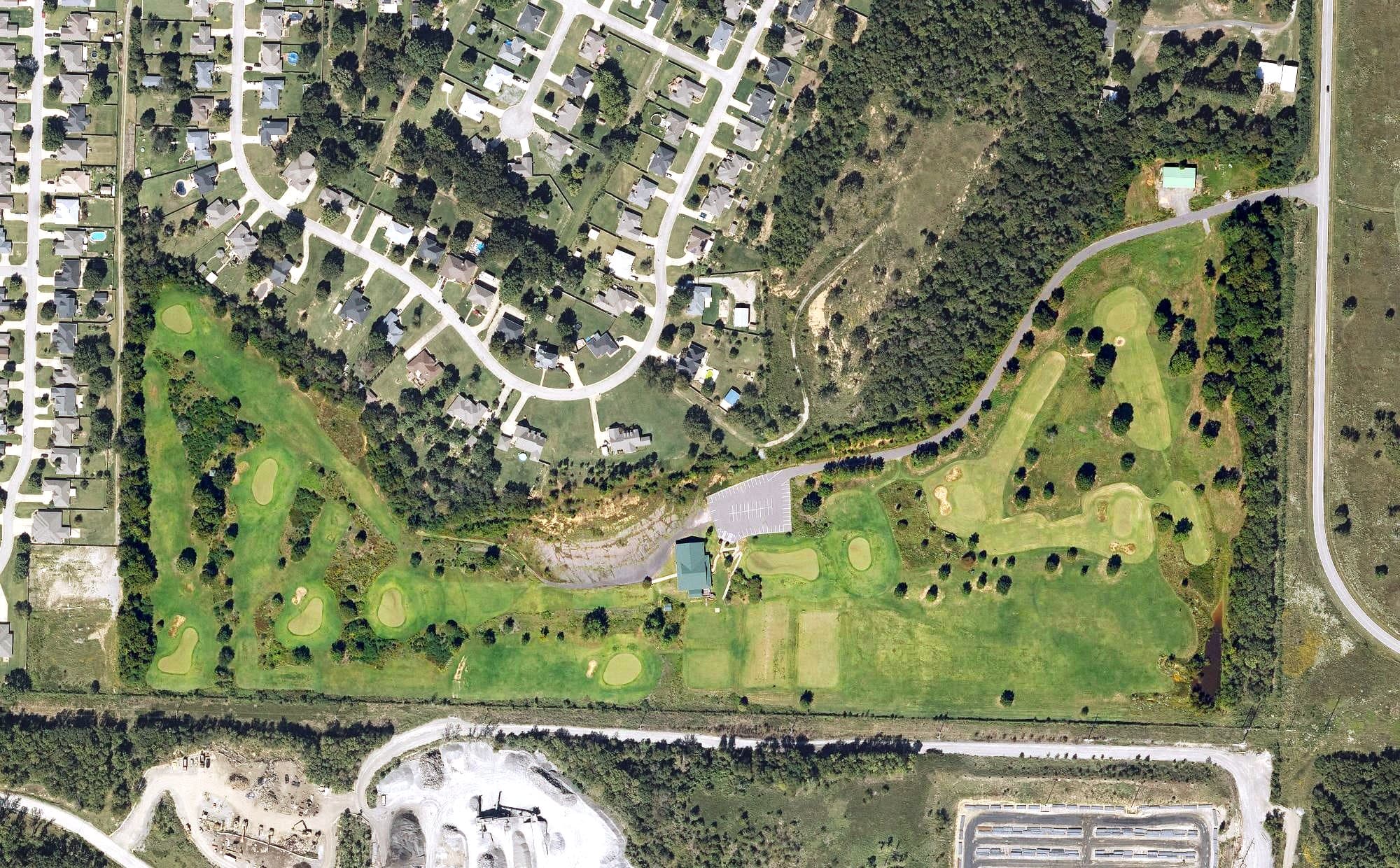 Aerial view of Ben Geren Golf Course, AR, with its hole routing marked