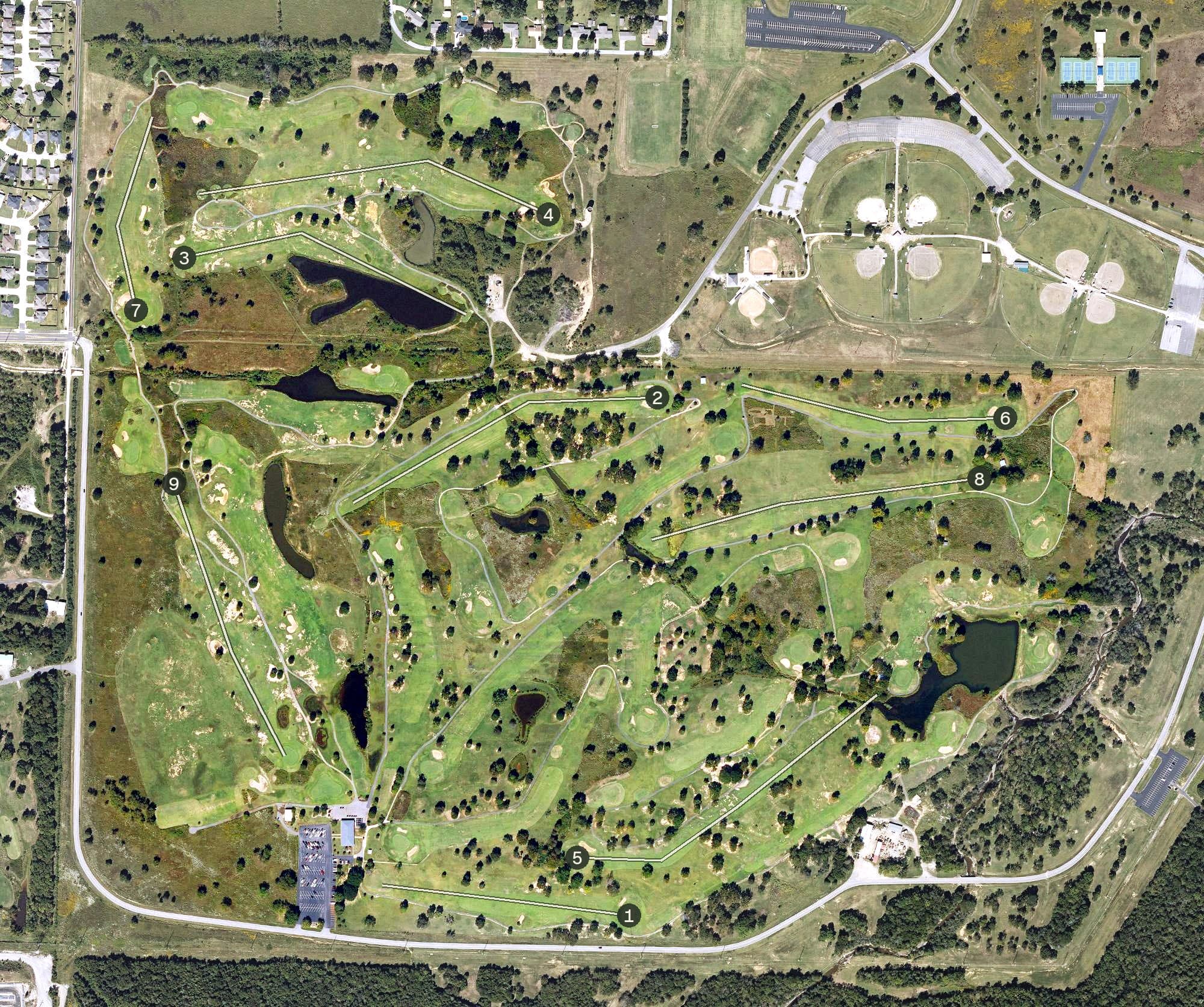 Aerial view of Ben Geren Golf Course, AR, with its hole routing marked