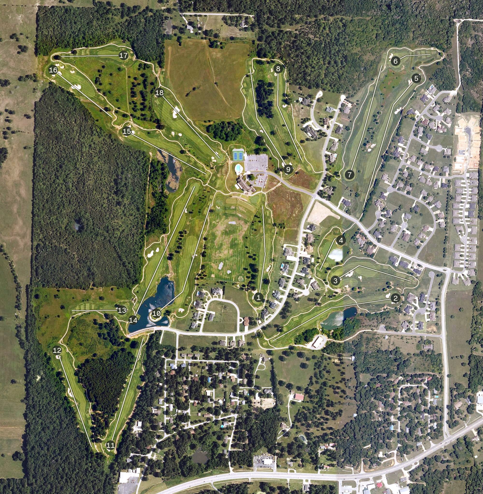 Aerial view of Big Creek, AR, with its hole routing marked