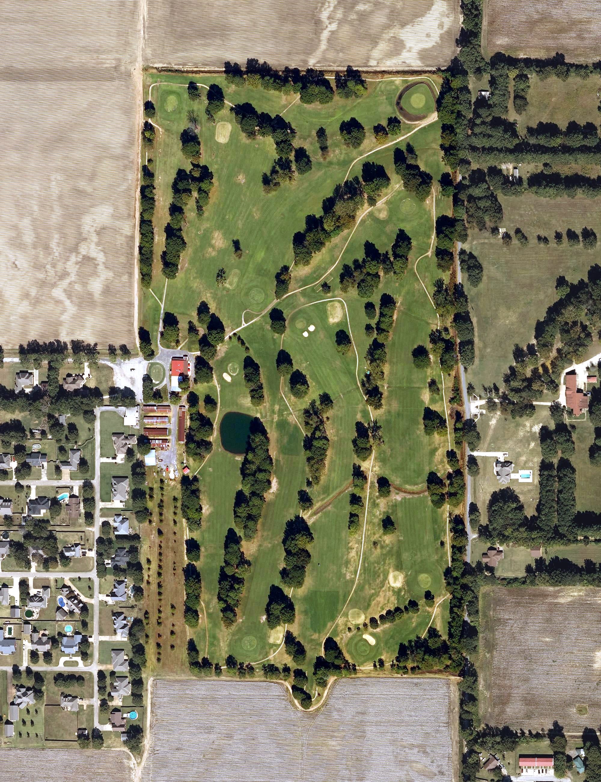 Aerial view of Big Lake Country Club, AR, with its hole routing marked