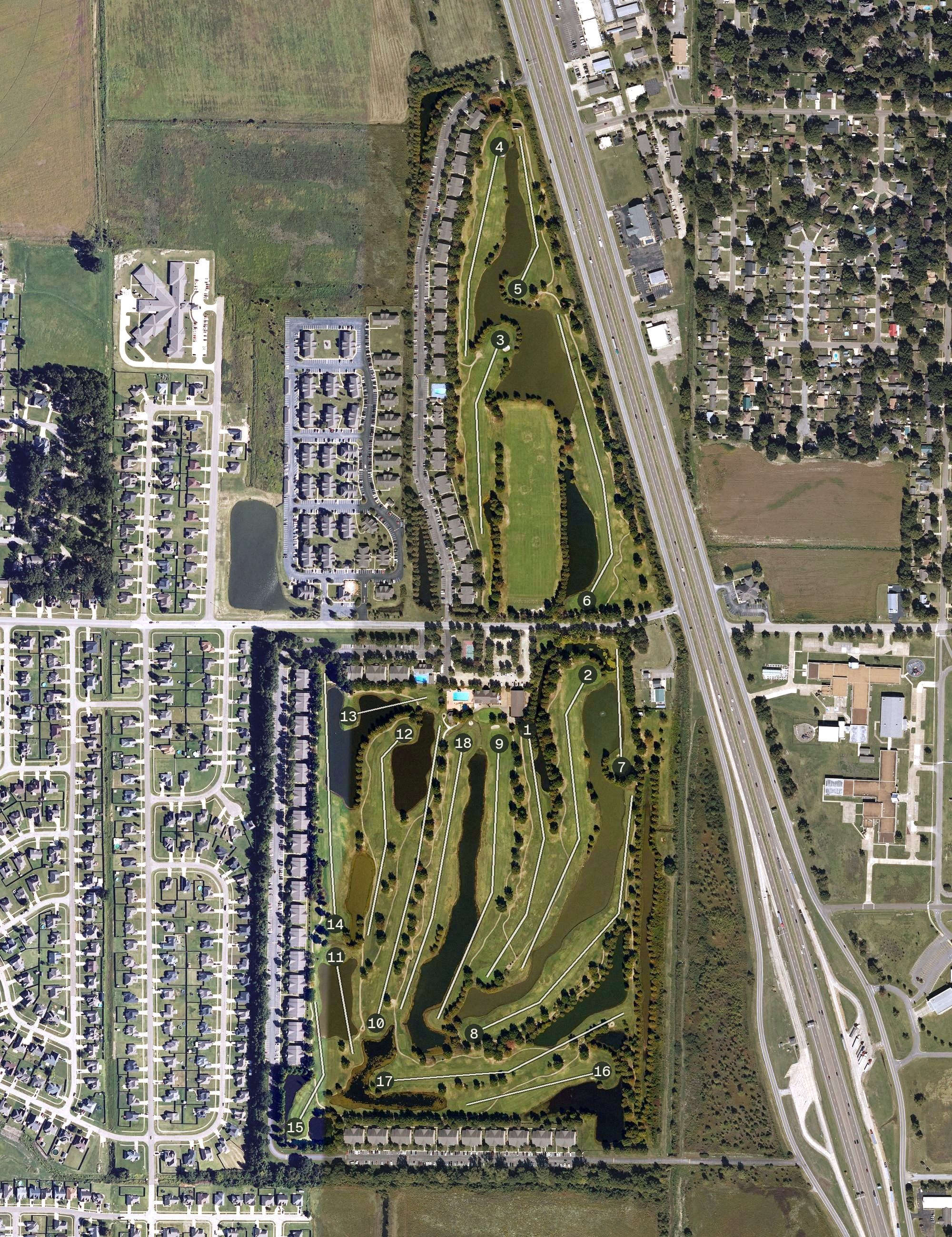 Aerial view of Brownstone Country Club & Resort, AR, with its hole routing marked