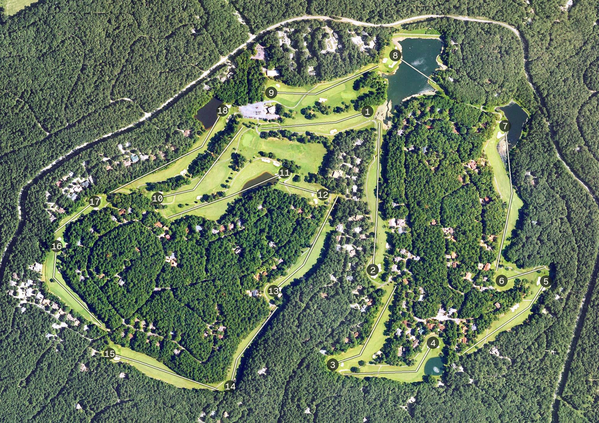 Aerial view of Cortez Golf Course, AR, with its hole routing marked