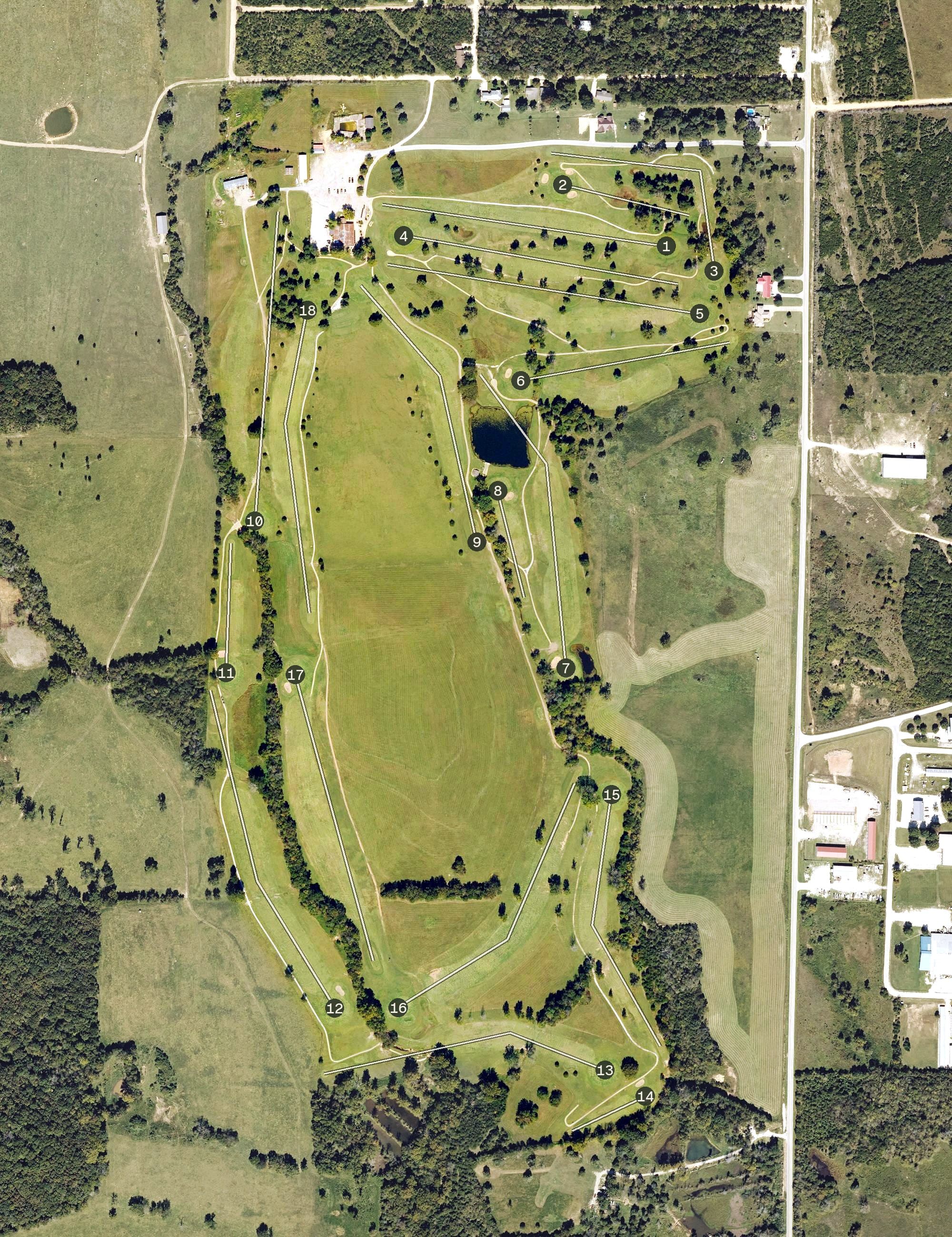 Aerial view of Diamond Hills Country Club, AR, with its hole routing marked