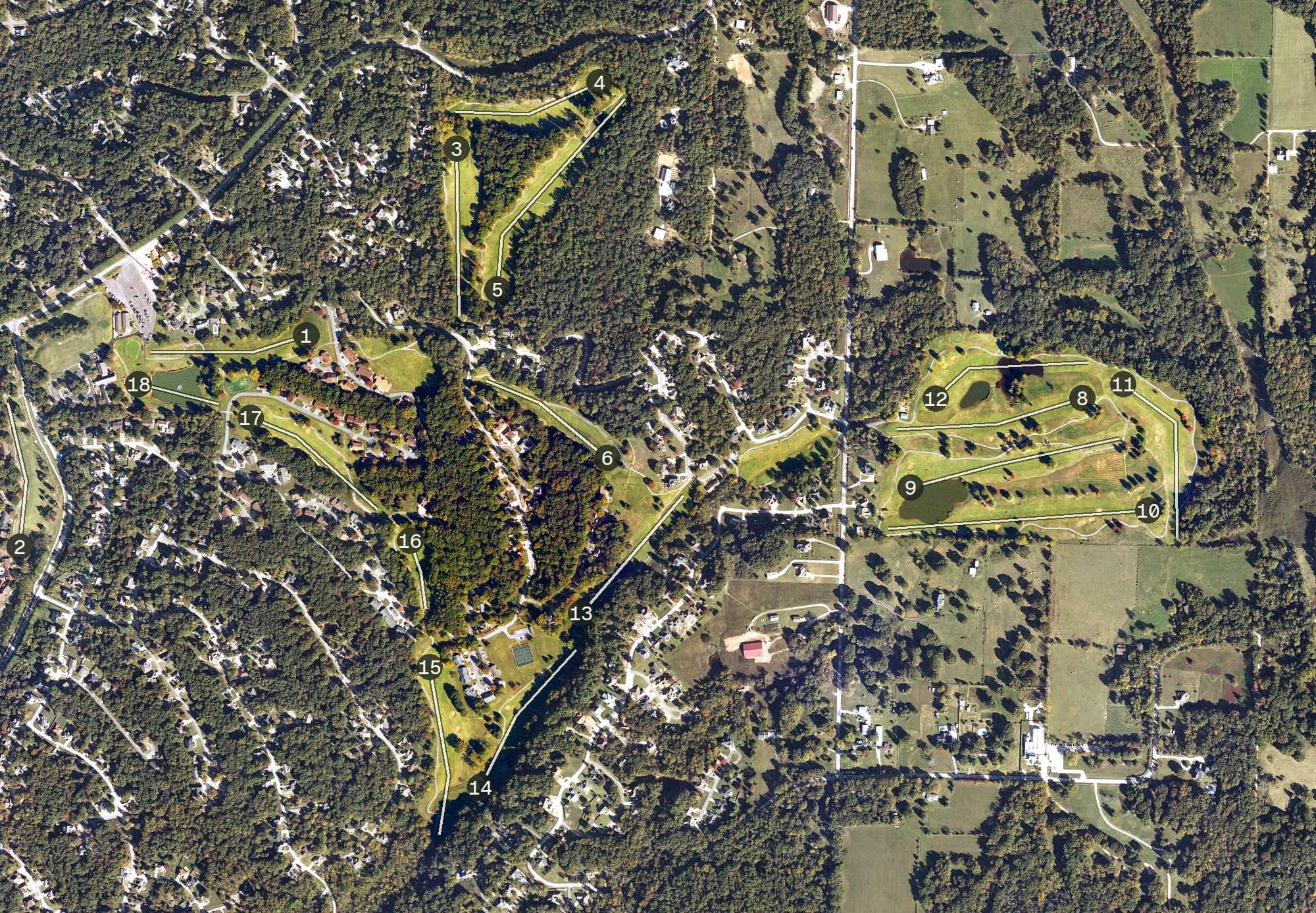 Aerial view of Dogwood Golf Course, AR, with its hole routing marked