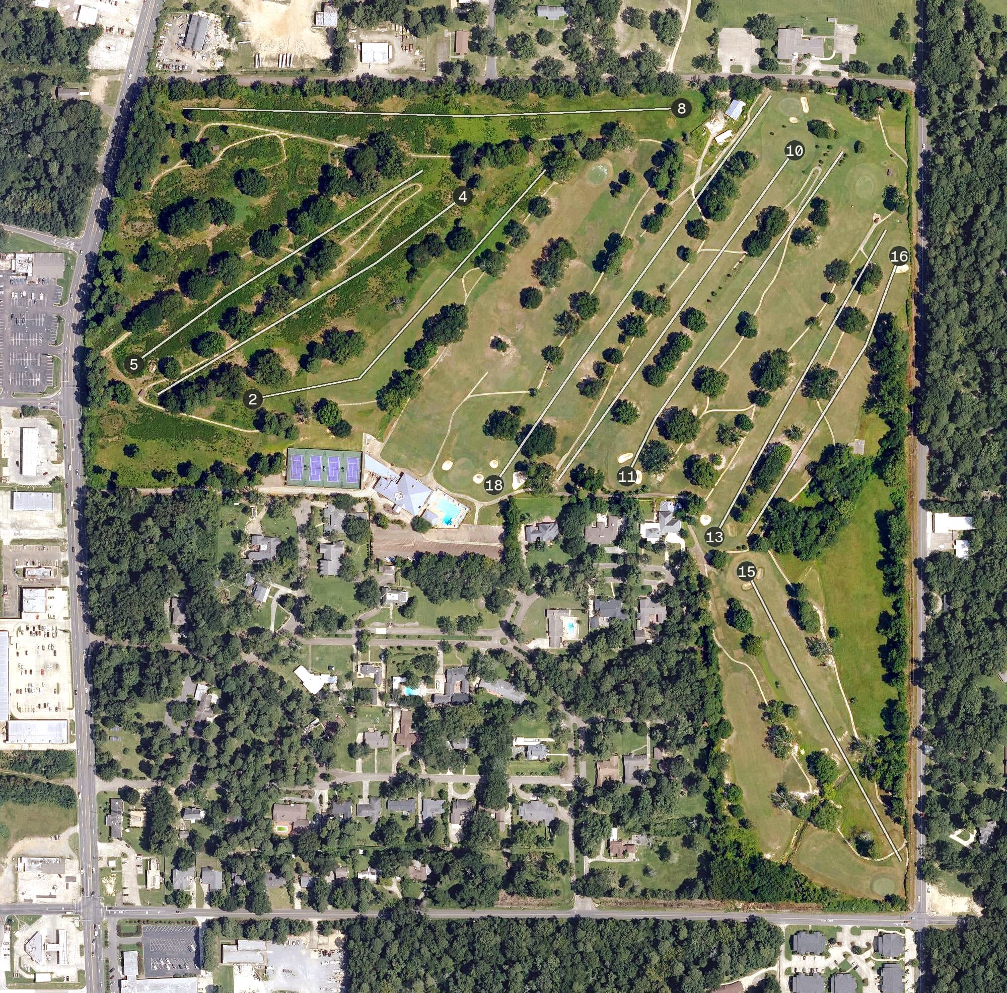 Aerial view of El Dorado Golf & Country Club, AR, with its hole routing marked