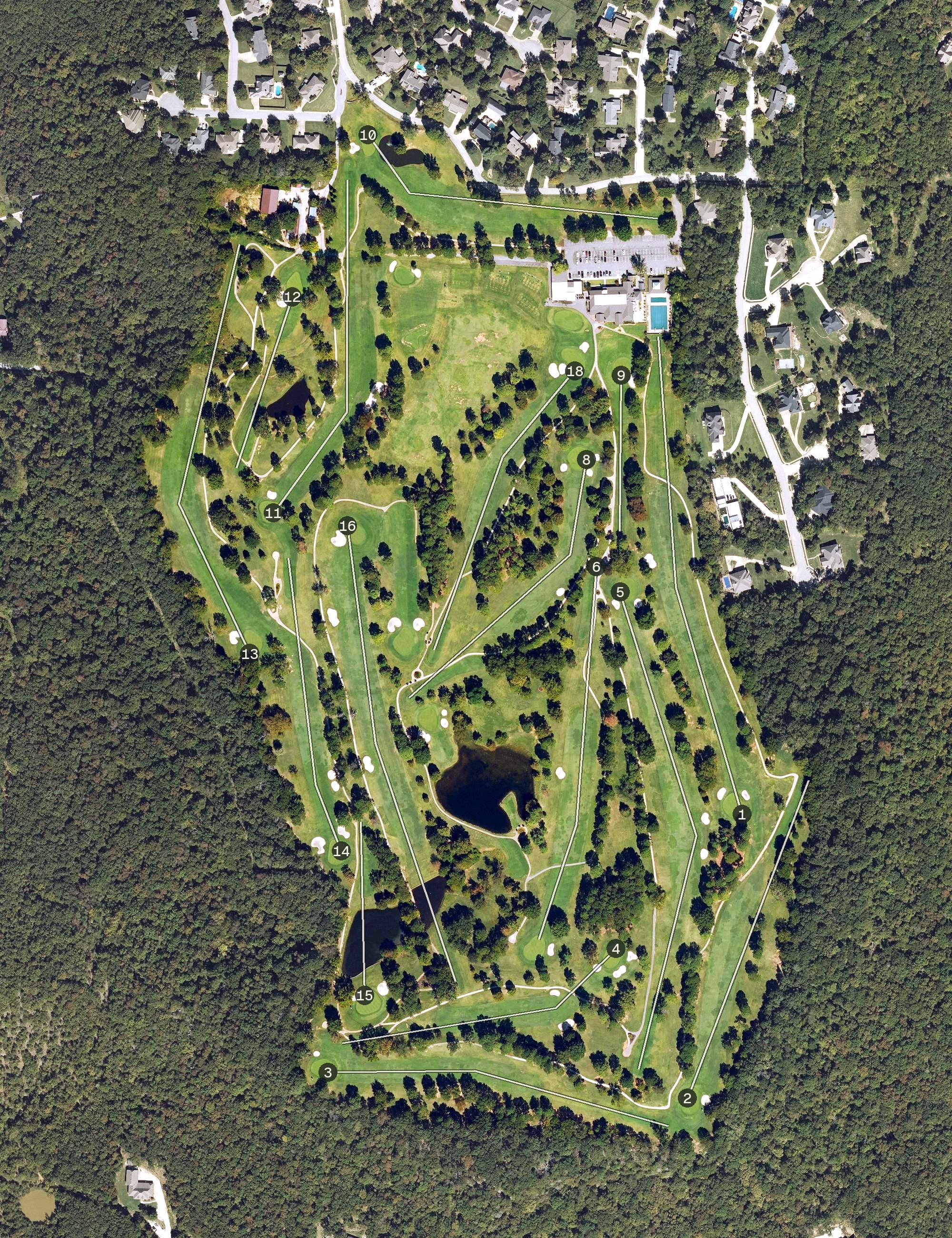 Aerial view of Fayetteville Country Club, AR, with its hole routing marked