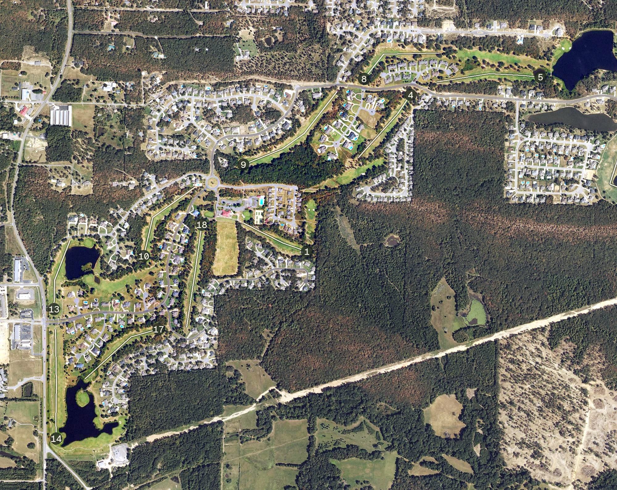 Aerial view of Greystone Country Club, AR, with its hole routing marked