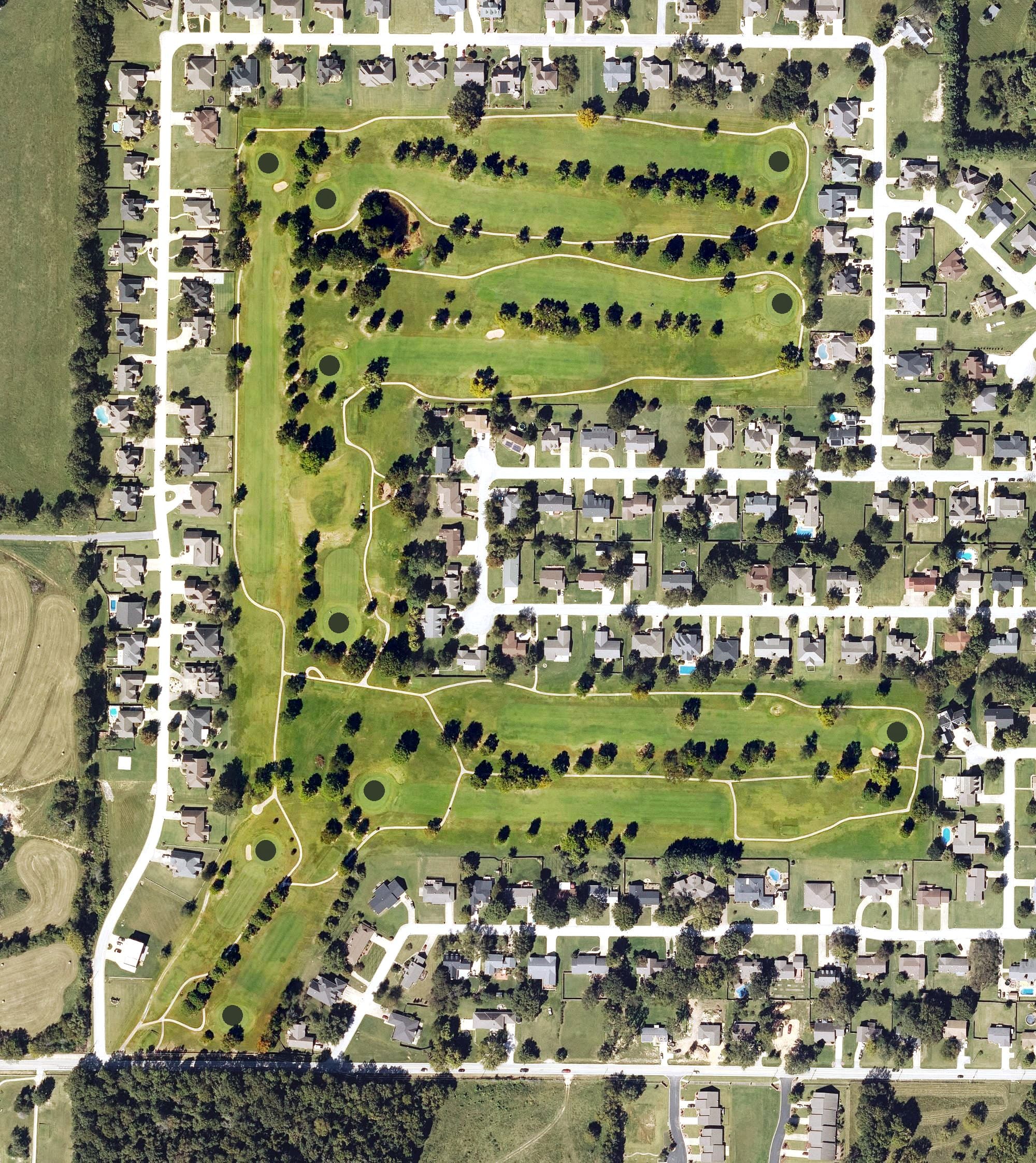 Aerial view of Harrison Country Club, AR, with its hole routing marked
